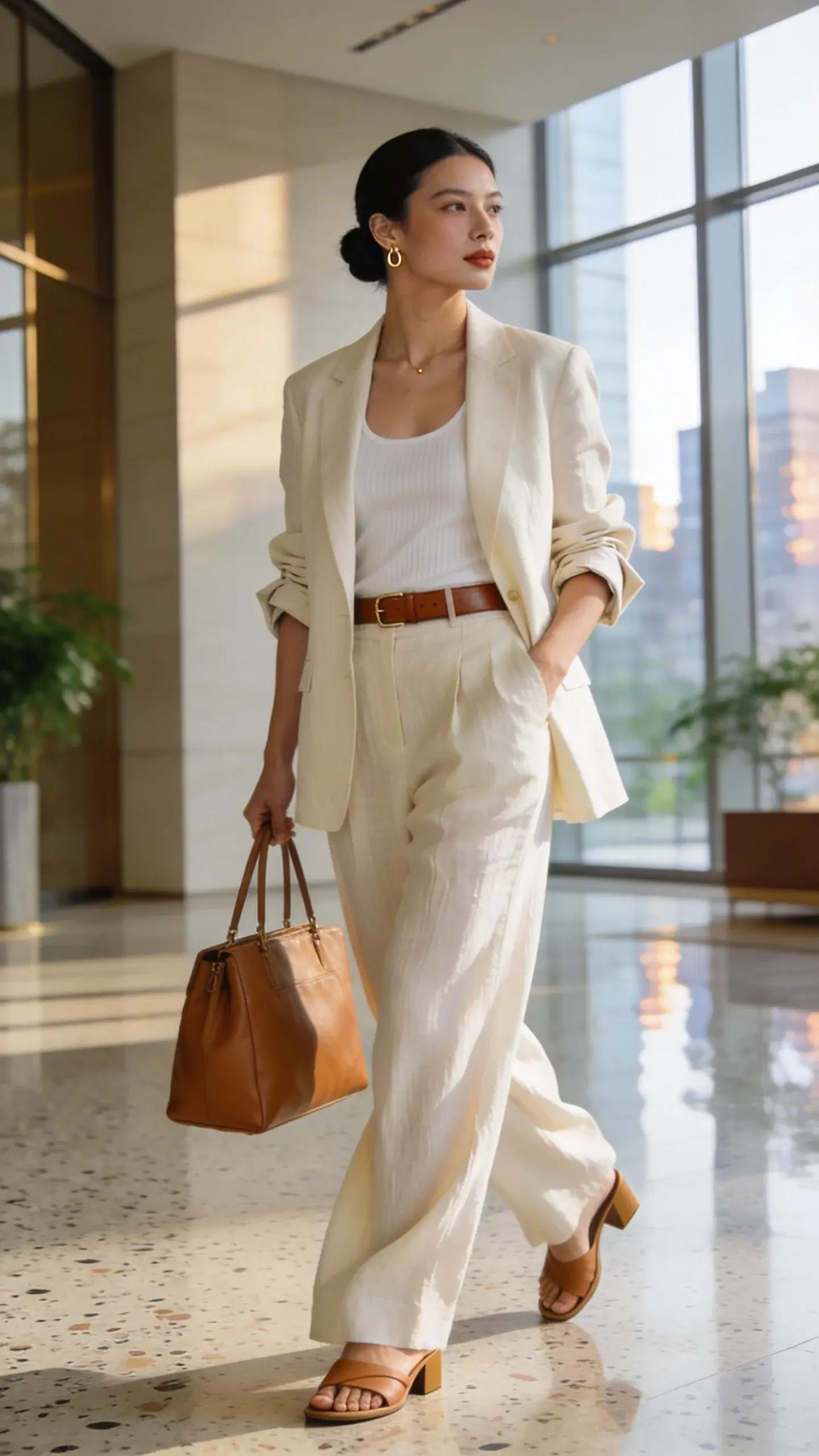 Elegant woman CEO in a summer-cool linen power suit walking through a sunlit modern lobby, exuding confidence without overheating; she wears an unlined cream linen blazer (sleeves casually pushed to mid-forearm) over a white silk-cotton ribbed tank, paired with matching wide-leg linen trousers that drape fluidly; accessories include a slim cognac leather belt, delicate small gold hoop earrings, and a structured tan leather tote carried in-hand; footwear: minimal tan leather slides with a slight low block heel; her hair is in a sleek low bun, natural glowy makeup; she pauses mid-stride near floor-to-ceiling windows with soft morning light and subtle city reflections, polished terrazzo floors, and minimalist greenery; styling emphasizes breathable textures and crisp tailoring—light wrinkles in the linen for authenticity, subtle movement in the trouser legs; color palette: creams, tans, cognac, white, soft gold; realistic high-resolution fashion photography, full-body portrait at eye level, shallow depth of field, editorial magazine quality, no text.