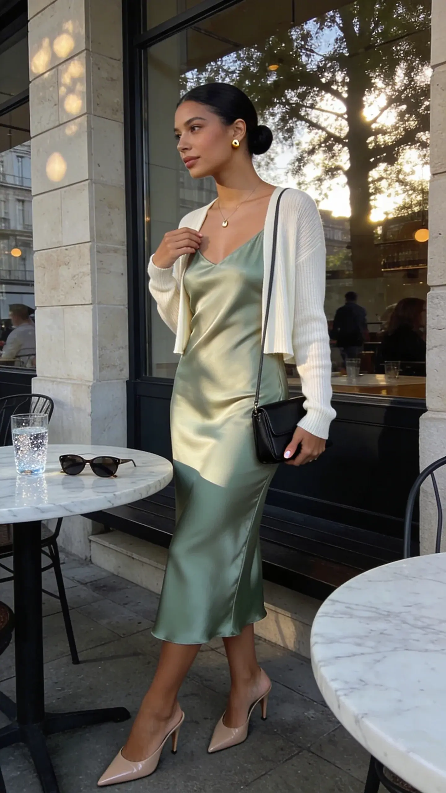 Realistic street-style fashion photo of an elegant woman in summer heat wearing a bias-cut silk slip dress and an airy cardigan, captured in soft late-afternoon light outside a modern city café with large windows and light stone walls. She is the main subject: a poised, stylish woman in her 30s with warm medium skin tone and sleek low bun, wearing a mid-calf satin slip dress in soft sage that skims the body without clinging, topped with a whisper-thin fine-gauge cashmere-silk cardigan in ivory that hits at the upper hip. She pairs it with nude leather kitten-heel mules, a slim compact black shoulder bag tucked under her arm, a delicate micro pendant necklace, and tiny gold stud earrings. Natural glowy makeup, minimal nails. The scene should convey a cool breeze feel: gentle cardigan movement, subtle shadow play, soft highlights on the satin. Background details include a sunlit tree casting dappled light, a marble café table with sparkling water and sunglasses, and lightly blurred pedestrians for depth. Composition focuses on full-length three-quarter angle, crisp textures (silk sheen, airy knit), high-resolution editorial quality, no text, realistic color grading with cool-neutral tones.