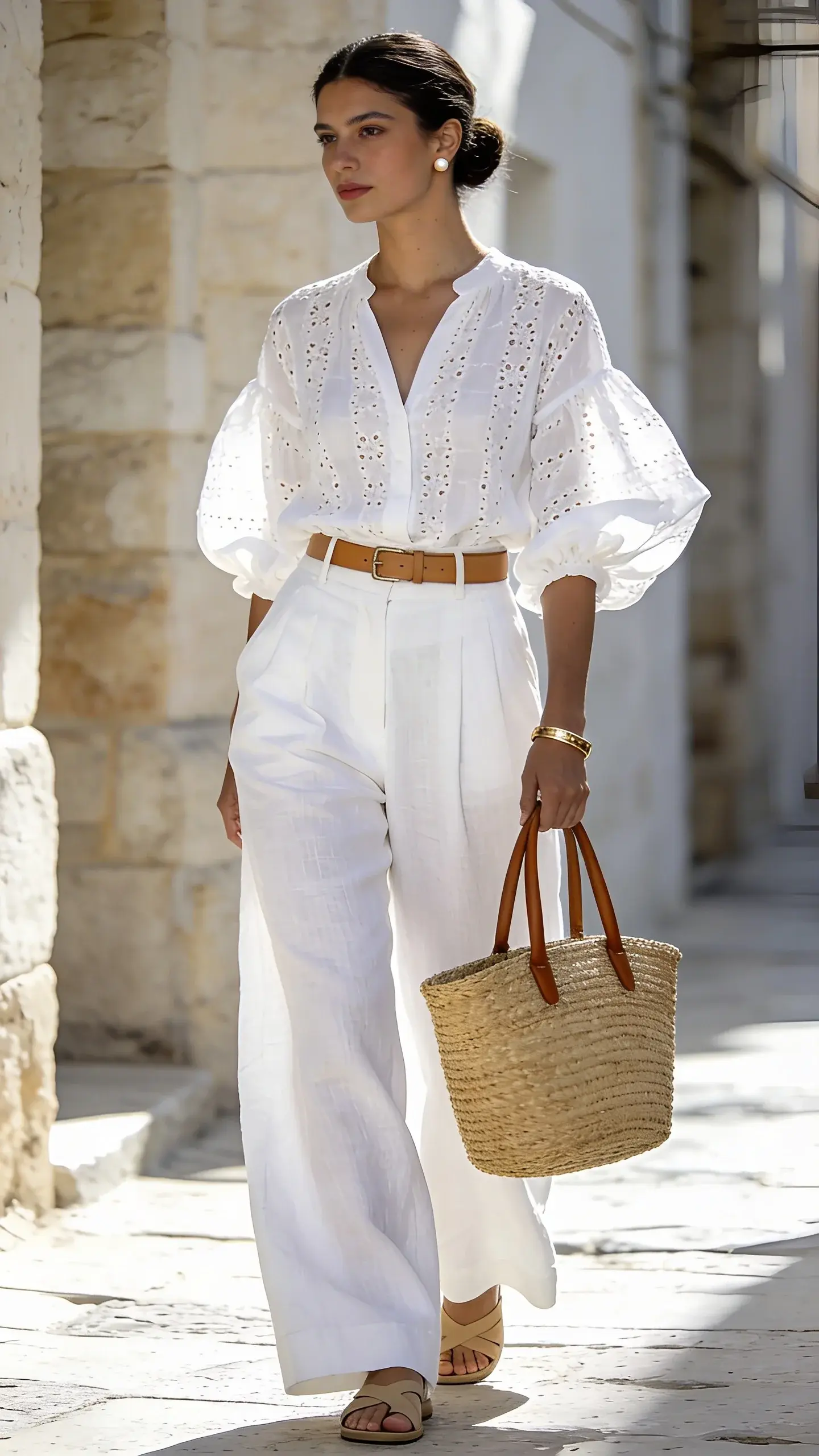 Realistic high-fashion street style photo of an elegant woman staying cool in summer heat, wearing a head-to-toe white monochrome look: crisp white linen wide-leg trousers with a high waist, paired with a breezy white eyelet blouse with subtle puff sleeves and a relaxed fit. She accessorizes with a slim tan leather belt, beige-tan minimalist leather sandals, a structured natural straw tote with leather handles, a slim gold cuff bracelet, and small pearl stud earrings. Skin-tone seamless undergarments are invisible beneath the fabrics. Textures are mixed—airy eyelet, matte cotton, and slubby linen—to add depth. Setting: bright sunlit Mediterranean street with pale stone walls and soft shadows, midday glow highlighting the white-on-white without overexposure. Light breeze moving the blouse and trousers slightly. The model has a soft, polished makeup look, hair in a low, neat bun, and a composed, cool demeanor. Color palette: whites, tans, warm gold, and natural straw. Shot on a full-frame camera, 50mm lens, shallow depth of field, high-resolution, natural light, editorial-quality, no text.