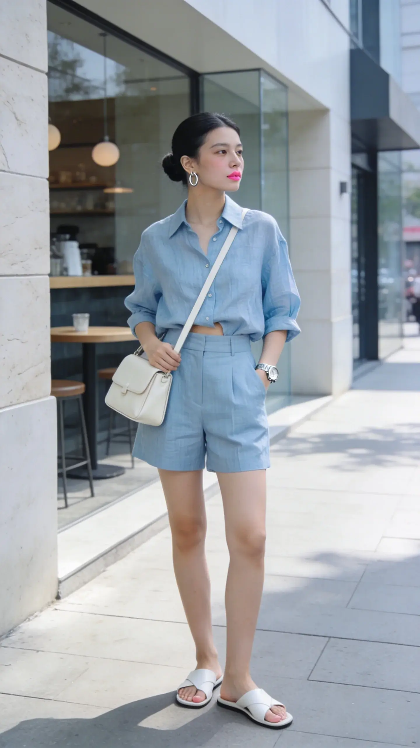 A chic woman in her late 20s wearing an icy blue linen matching set in a soft luxury, cold summer palette: slightly oversized icy blue linen button-up shirt half-tucked into coordinating tailored high-waisted linen shorts (or relaxed straight-leg trousers), styled with white leather minimalist slides, small polished silver hoop earrings, a thin silver watch, and a structured cream leather crossbody bag worn on the shoulder. She stands on a sunlit, modern city sidewalk outside a minimalist café with pale stone and glass, soft overcast daylight for cool tones. Her hair is sleek in a low bun, skin fair with natural makeup (cool pink lip, subtle highlight). Fabric texture of linen is visible and crisp, with gentle movement. Color grading is cool and airy, emphasizing icy blue and cream. Realistic fashion photography, 50mm lens, shallow depth of field, editorial street-style composition, no text, high resolution.