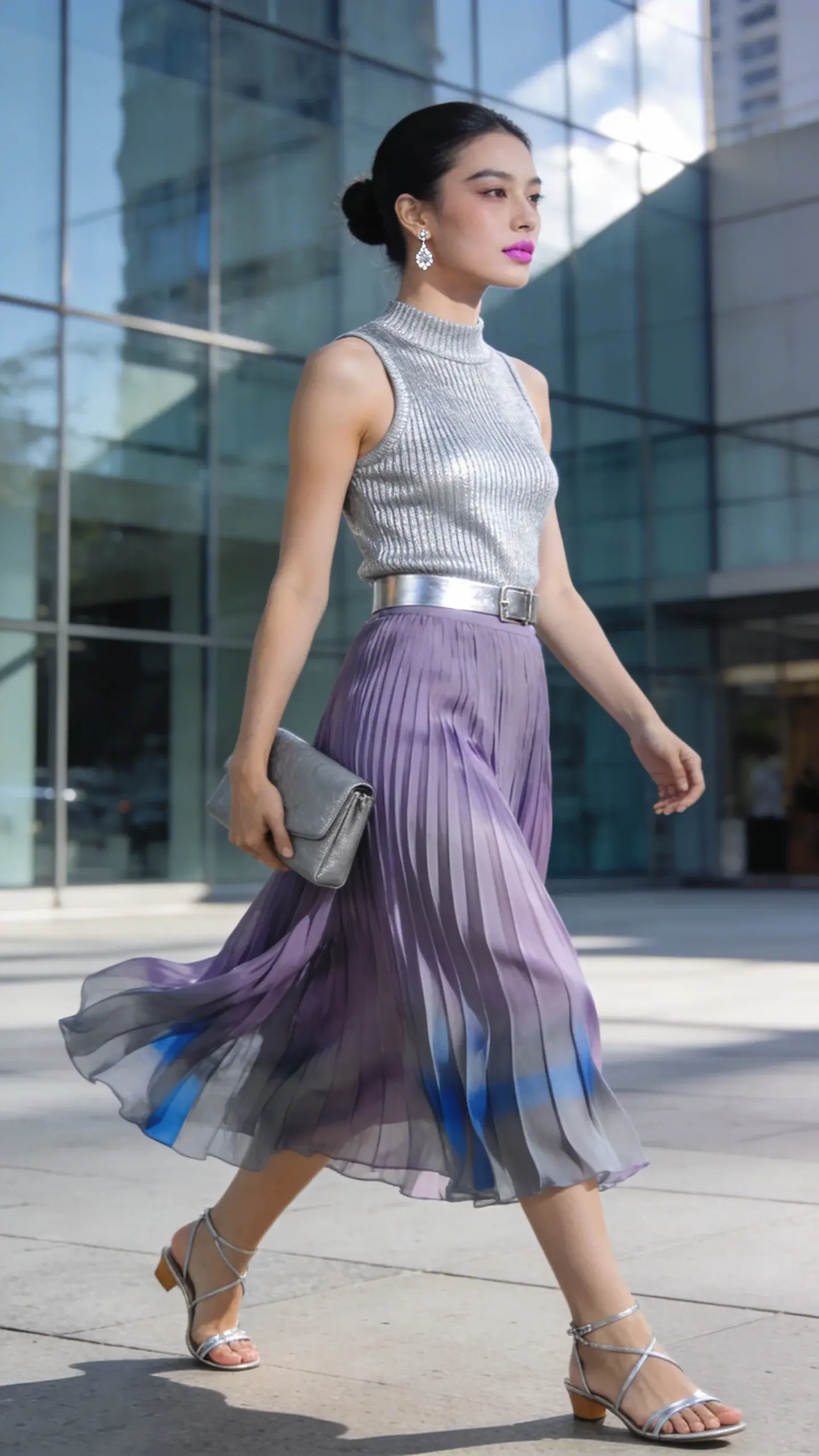 Realistic high-fashion street-style photo of a woman embodying “soft luxury” in a cold summer color palette, walking through a sunlit, modern city plaza with soft shadows and a gentle breeze. She wears a fine silver-gray ribbed knit tank with a high crew neckline, tucked into a swishy midi pleated skirt in cool lilac with subtle blue-gray undertones that moves fluidly as she steps. Footwear: delicate strappy silver sandals with a minimal heel. Accessories: tiny crystal-drop earrings that catch the light, a slim metallic belt in muted silver (optional but present), and a pebble-gray structured clutch carried in one hand. Styling emphasizes minimalism and refined texture: clean, natural makeup with cool undertones, soft brushed brows, and a sheer pink-lilac lip; hair in a sleek low bun. Color story is strictly cool-toned: silver, lilac, blue-gray, pebble gray. Fabric details are crisp and tactile—fine rib knit top, chiffon-like pleats with soft sheen. The scene is editorial yet candid: mid-stride, skirt fluttering, sunlight reflected off glass architecture in the background, shallow depth of field, 50mm lens look, high-resolution, natural light, no logos or text, soft contrast and true-to-life color grading for an understated, quietly stunning “soft luxury” aesthetic.
