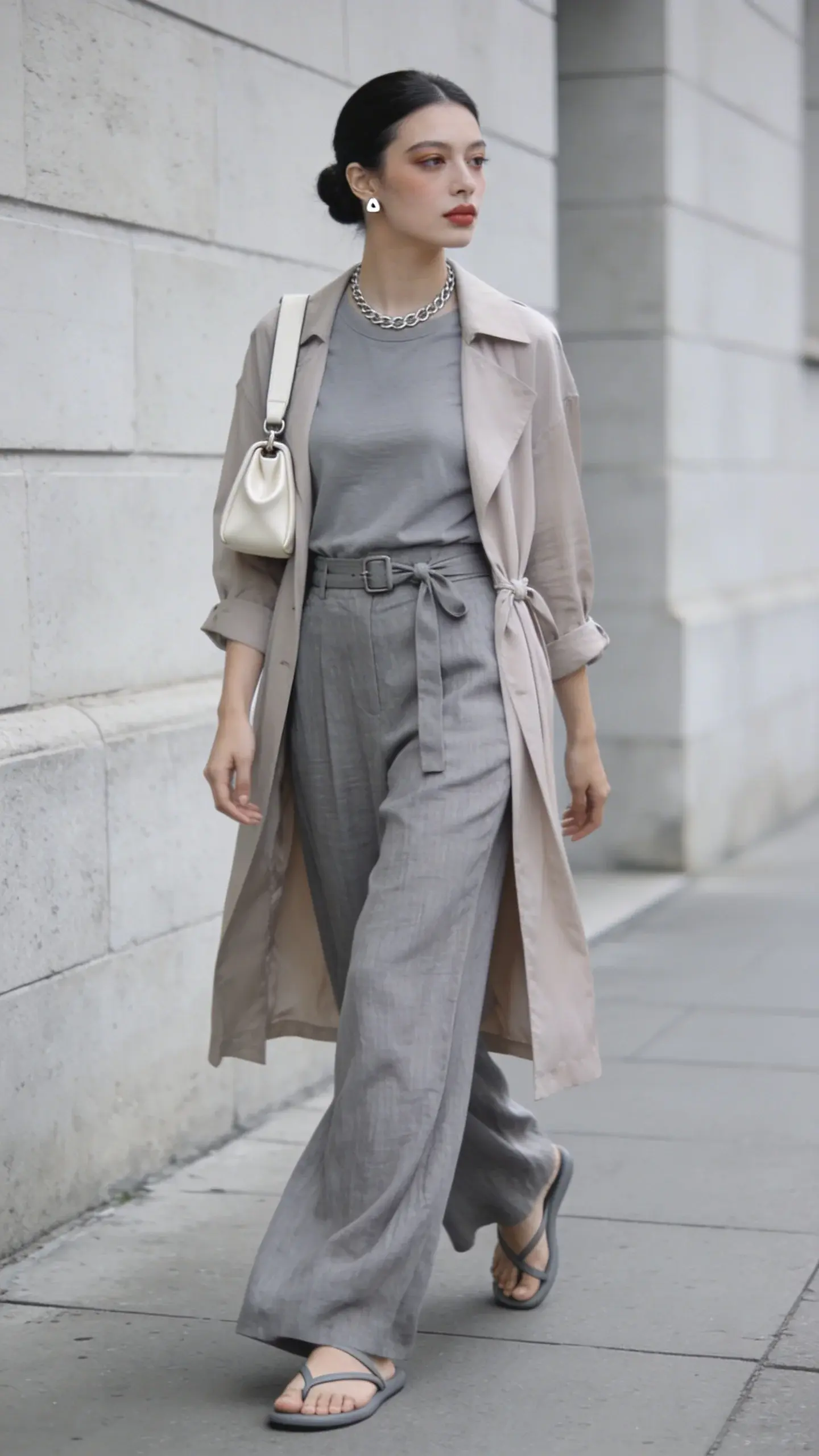 Realistic high-fashion street-style photograph of a woman embodying soft luxury in a cold summer color palette, captured in soft overcast daylight on a minimalist city sidewalk with pale stone walls. She wears a monochrome dove-gray look: a lightweight dove gray linen-blend crewneck tee tucked into high-waisted, drapey dove gray wide-leg trousers that skim the ground. Over it, a fluid, unlined summer trench in soft stone (light taupe) with a relaxed belt tie at the back, open in front to maintain airflow. On her feet: minimalist gray leather flat sandals with thin straps. Accessories are restrained: a delicate silver chain necklace at the collarbone, small silver stud earrings, and a structured cream leather shoulder bag with a short, sculptural strap worn on the shoulder. Hair is sleek, low bun; makeup is cool-toned and natural with soft taupe eyes and muted rose lips. Pose is mid-stride, hands relaxed, gaze slightly averted, projecting quiet luxury. Emphasize cool undertones, long lean silhouette, gentle trench movement, and premium textures (linen weave, drapey trouser fabric, smooth leather). Shallow depth of field, crisp detail, natural color grading, no text.