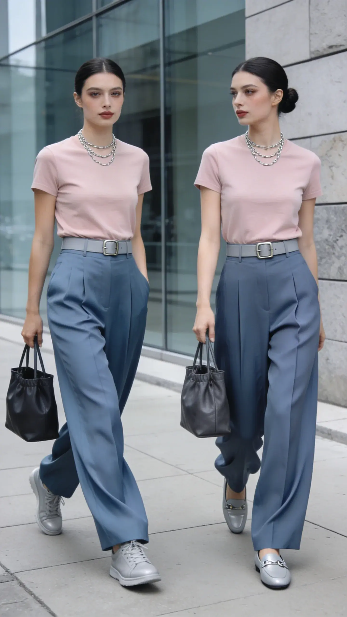 Realistic fashion street-style photo of a woman embodying a Cold Summer color palette in soft luxury style, wearing a steel blue wide-leg trouser set and a cool soft-blush tee. The trousers are high-waisted, fluid drape, pressed front crease, paired with a fitted soft-blush (cool undertone) crewneck tee tucked fully into the waistband to define the waist. Footwear: light gray leather sneakers with minimal detailing (optional alternate look: light gray loafers visible in a second frame of the same scene). Accessories: delicate silver layered chains at the neck, minimalist soft gray belt with a subtle buckle, and a charcoal leather bucket/hobo bag held at her side. Subtle makeup in cool tones, tidy hair in a low, polished bun. Setting: clean urban sidewalk near a modern glass-and-stone building, overcast natural light for cool, soft color rendering. Color accuracy emphasized: steel blue trousers, blush tee with cool undertone, light gray shoes, charcoal bag, silver jewelry. Photographic style: high-resolution, editorial street style, slight motion as she steps forward, shallow depth of field, crisp fabric texture and drape visible, no text, no logos, neutral background tones to keep palette cohesive.