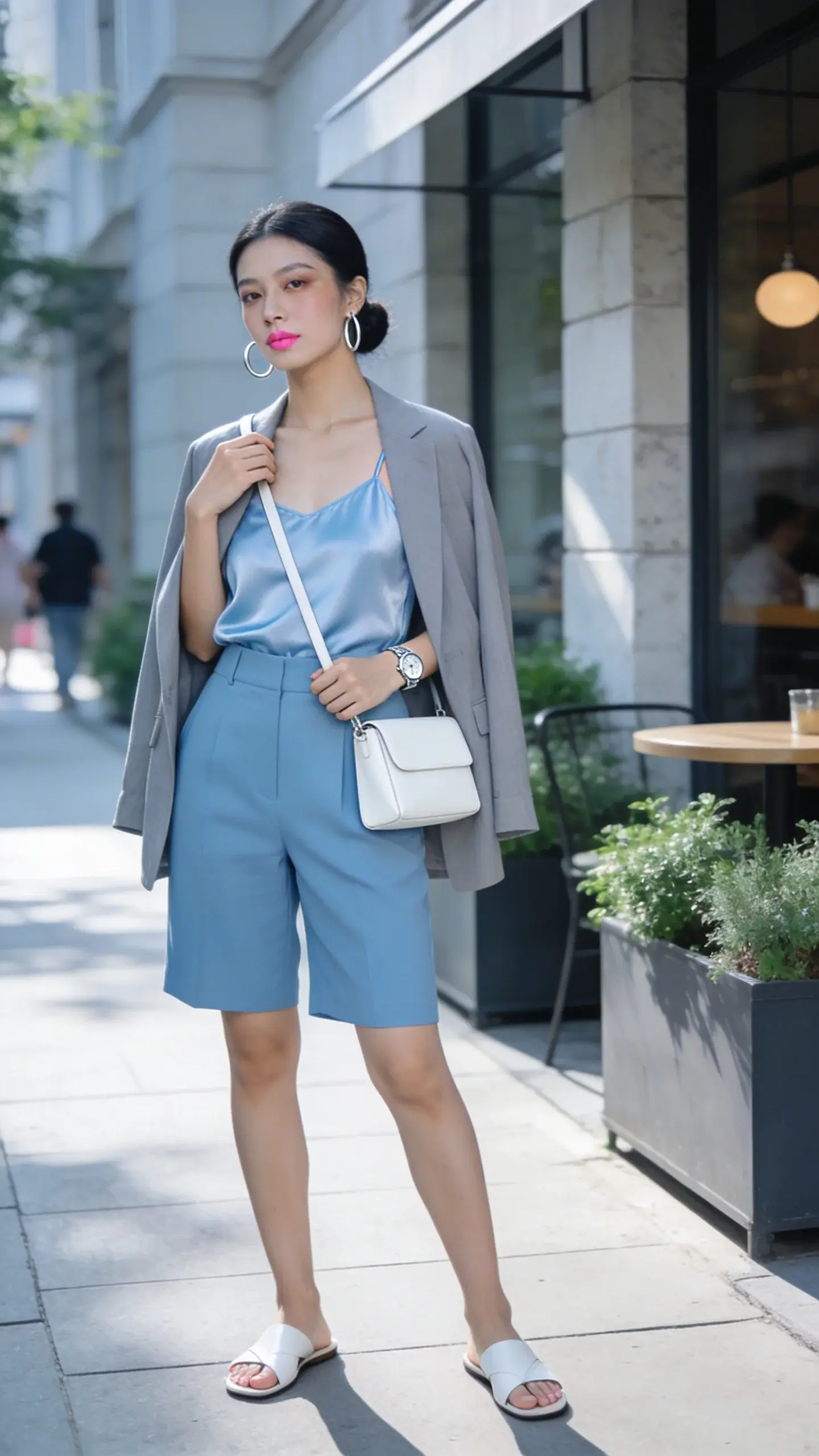 Realistic high-fashion street-style photo of a chic woman in a cool-toned “cold summer” palette, wearing an icy monochrome outfit centered on powder blue tailored shorts. She stands on a sunlit city sidewalk near a minimalist café, soft morning light creating gentle shadows. Outfit details: high-waisted powder blue tailored shorts with a slightly longer inseam, a light blue silky camisole with delicate straps tucked in, and a soft gray lightweight blazer draped over her shoulders. Footwear: white leather minimalist flat sandals. Accessories: polished silver medium hoop earrings, a thin silver watch, and a structured white crossbody bag with clean lines worn on the shoulder. Beauty: natural makeup with a cool pink lip, soft taupe eyeshadow, and a subtle highlight; hair in a sleek low bun. Pose: relaxed confidence, one hand lightly touching the blazer lapel, the other resting near the crossbody strap. Background: upscale urban setting with light stone walls, a touch of greenery in planters, and blurred passersby for depth. Color palette emphasizes cool powder blues, soft gray, crisp white, and silver accents. Shot on a full-frame camera with a 50mm lens, shallow depth of field, high-resolution, editorial quality, no text.