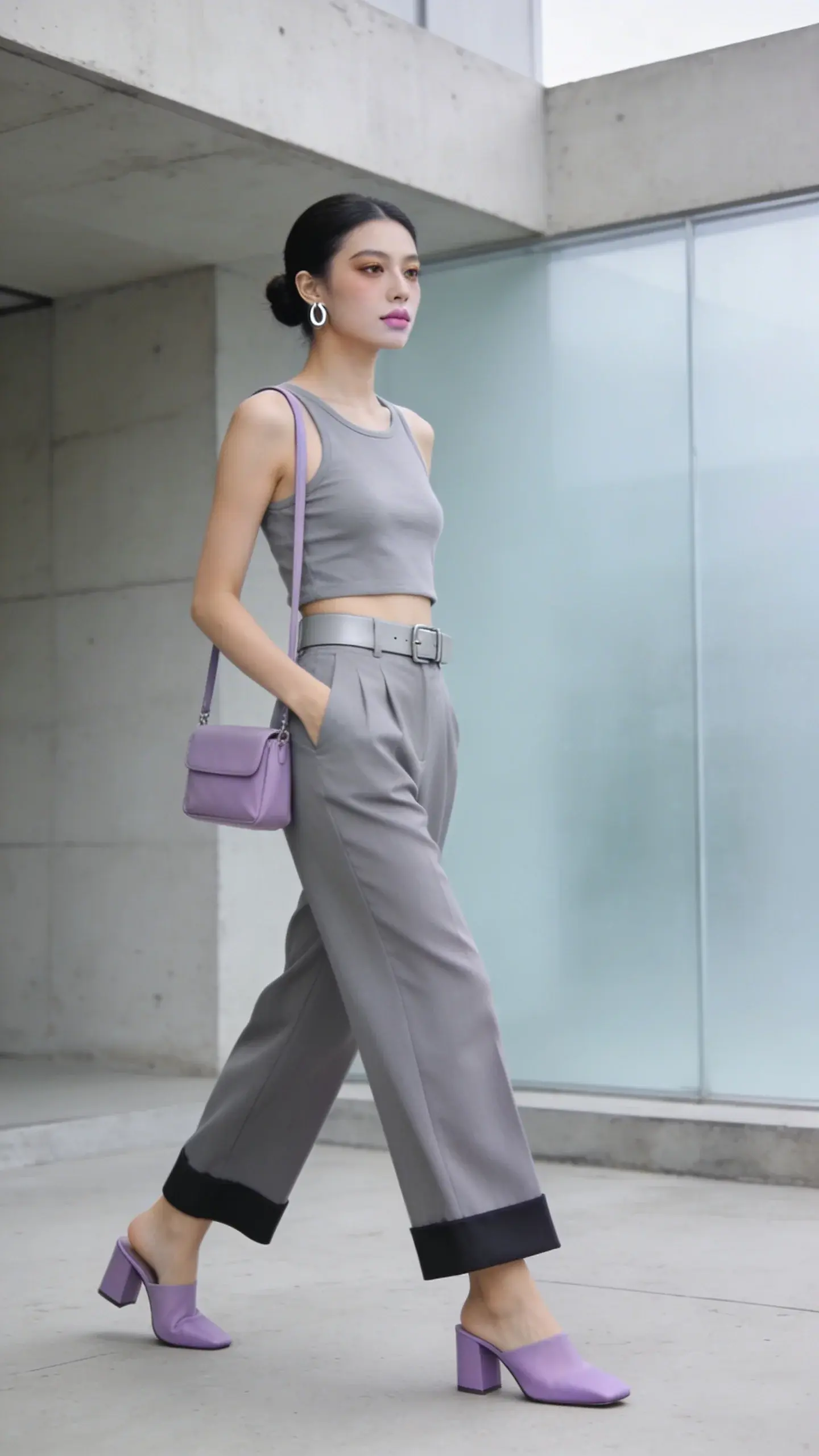 Realistic high-fashion street-style photo of a stylish woman wearing a misty gray co-ord in a cold summer color palette: a misty gray cropped tank and matching high-waisted, wide-leg tailored trousers with a perfectly tailored hem skimming the top of her foot. She pairs it with lavender block-heel mules and a small lavender mini crossbody bag worn on the shoulder. Accessories are minimal and cool-toned: sleek silver huggie earrings and a pale gray leather belt with a matte finish. Matte fabrics with subtle structure, no shine. The woman has cool-toned makeup (soft taupe eyes, muted pink-lavender lip) and a neat low bun. Photographed in soft overcast daylight in a modern urban setting with light concrete architecture and frosted glass, cool neutral backdrop to enhance the misty gray and lavender tones. Clean lines, airy negative space, shallow depth of field, 50mm lens, full-body shot slightly angled, natural pose mid-stride. Ultra-realistic, high-resolution, editorial quality, no text.