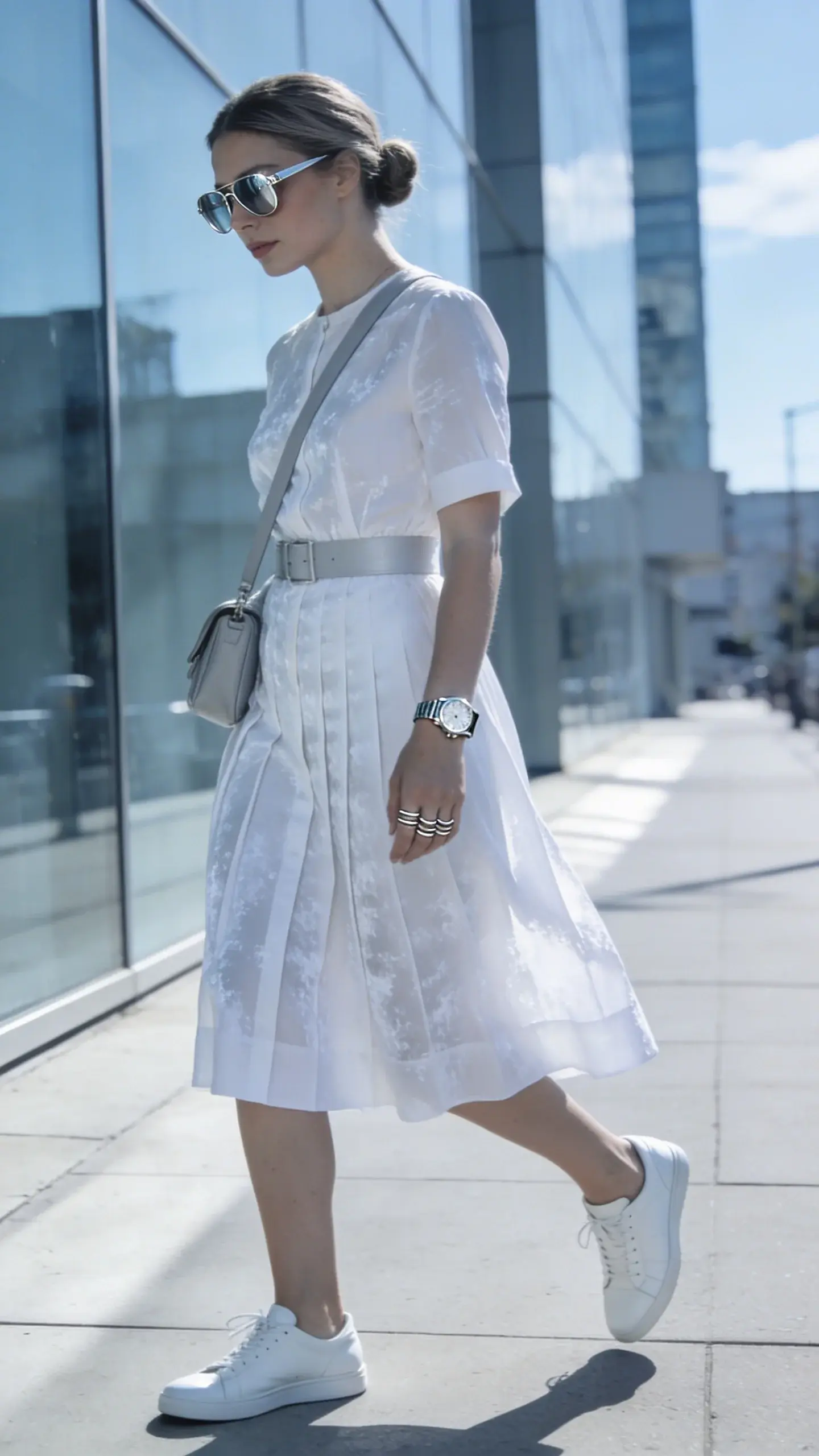 Realistic high-fashion street-style photo of a Cold Summer color palette woman wearing a frosted white cotton poplin midi dress with subtle pleats and a defined waist, styled with pristine white low-profile leather sneakers. She has silver-rimmed aviator sunglasses, a sleek stainless steel watch, delicate thin silver stacking rings, and a pale gray belt bag worn crossbody. The model has cool-toned fair skin, ash-brown hair in a low, neat bun, and minimal, cool-neutral makeup. Setting: sunlit modern city sidewalk with soft reflections from glass architecture, cool-blue sky, and gentle shade creating crisp contrast. Lighting: bright but diffused natural light emphasizing the clean whites and silvers, soft shadows, high dynamic range. Composition: three-quarter shot, slight movement as she walks, belt bag and watch subtly catching light, sneakers spotless. Color palette: cool whites, silvers, pale gray, no warm tones. Ultra-sharp detail, editorial quality, shallow depth of field, 50mm lens look, no text.
