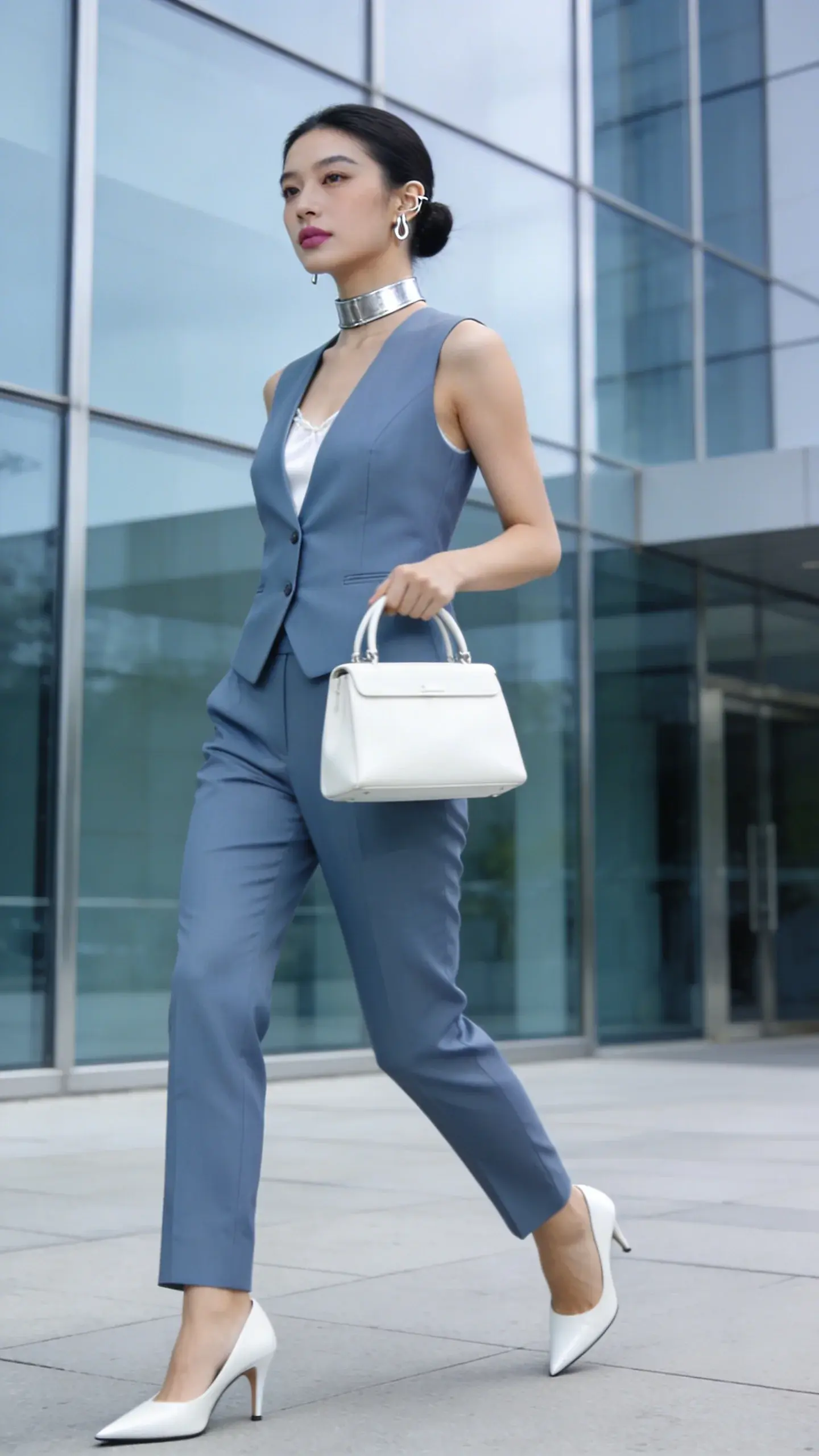 Realistic high-fashion street-style photo of a confident woman in a cold-summer color palette wearing a tailored steel-blue vest suit and straight-leg trousers, photographed in bright overcast daylight outside a modern glass-and-steel office building. She wears the vest solo so it skims her torso and closes cleanly, paired with white pointed-toe low heels, a structured white top-handle bag, a sleek silver choker collar necklace, and subtle silver ear cuffs. Optional whisper-thin white silk camisole peeks minimally at the neckline. Cool, neutral makeup with soft rose-mauve lip, groomed brows, and a polished low bun. Color grading emphasizes cool steel-blues, crisp whites, and silver accents for a luxurious minimal aesthetic. Full-body shot at slight angle, shallow depth of field, clean architectural lines in the background, natural posed stride as if heading to a meeting. High-resolution, realistic texture on suiting fabric, no logos, no text.