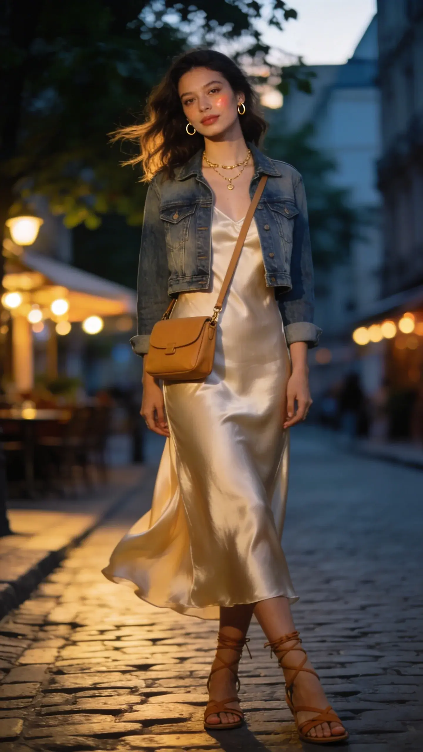 Golden-hour street style portrait of a chic woman on a cool summer evening wearing a fluid satin midi slip dress (soft champagne) paired with a cropped mid-wash denim jacket, styled with tan strappy sandals and a camel crossbody bag worn across the body. She layers delicate gold necklaces and small hoop earrings, minimal makeup with a soft glow, hair in loose waves. She stands on a cobblestone city street with softly blurred bistro lights and leafy trees in the background, a gentle breeze giving the dress movement. Natural, warm side lighting with subtle cool undertones to suggest a crisp evening; realistic skin texture, high-resolution fashion photography, full-body shot at slightly low angle, shallow depth of field, editorial vibe, no text.