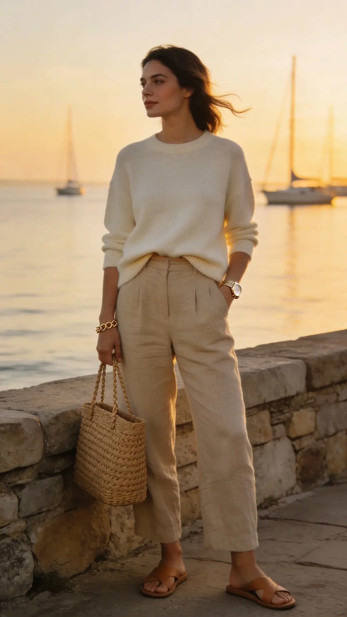 Golden-hour patio scene by the water featuring a chic woman dressed for a cold summer night: she wears a lightweight cream crewneck sweater front-tucked into high-waisted natural linen trousers, minimalist tan leather slide sandals, and carries a structured woven tote. She accessorizes with a delicate gold chain bracelet and a slim gold watch. The look embodies quiet luxury—elevated yet effortless. The woman (mid-20s to mid-30s) has natural makeup, loosely styled hair, and a relaxed, confident posture, standing near a low stone wall overlooking calm water with sailboats in the distance. Soft breeze subtly lifts the sweater hem and trouser fabric. Warm, diffused golden light, shallow depth of field, crisp textile details (linen weave, fine knit), realistic skin tones, editorial fashion photography style, 50mm lens, high-resolution, no text.