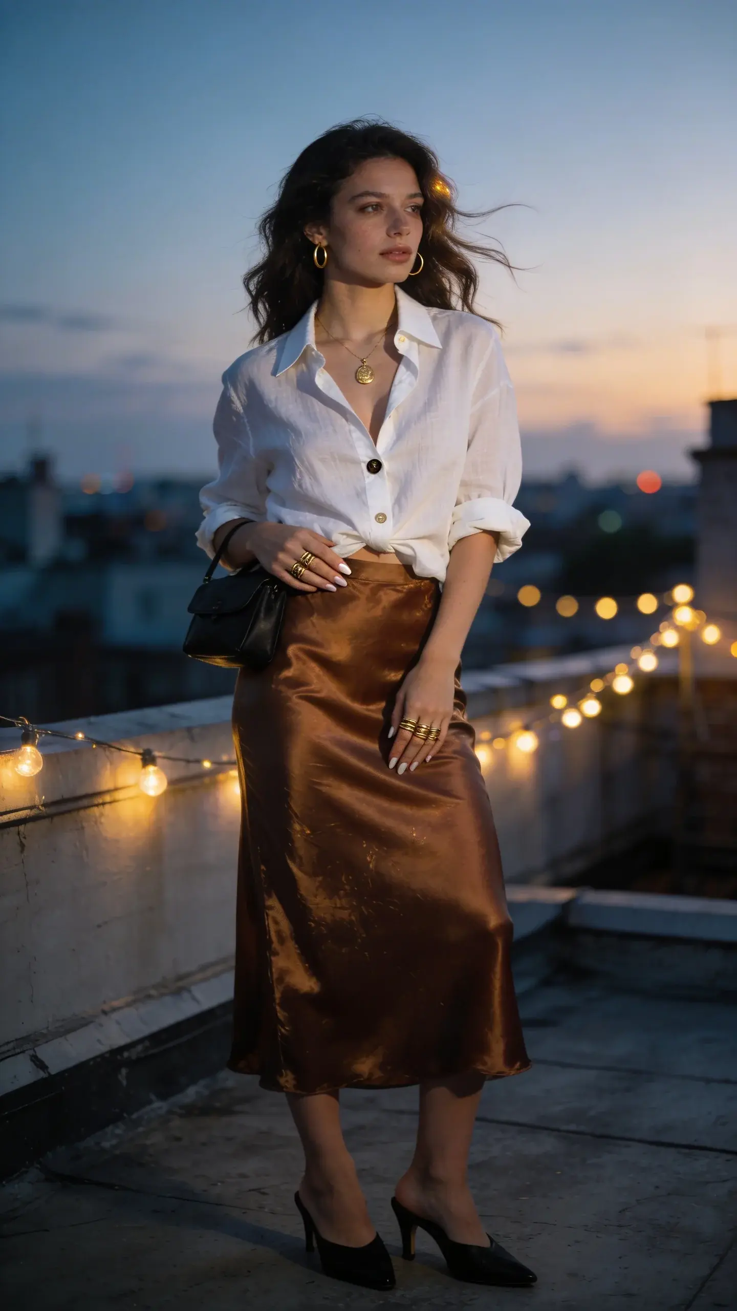 Realistic fashion photo of a chic woman dressed for a cold summer night, wearing a satin slip skirt (bronze) and a relaxed white linen button-up shirt styled with a half-tuck and slightly rolled sleeves, standing on a city rooftop at golden hour transitioning into evening with string lights and a soft skyline blur. She wears black kitten-heel mules, a delicate gold pendant necklace, stacked gold rings, and carries a small black mini shoulder bag tucked under her arm. The look is romantic yet sharp: silky fabric drape, crisp collar, and subtle sheen on the skirt. Light breeze adds movement to the shirt hem and hair. Natural makeup with a soft glow, hair in loose waves. Styling details: top button undone, fine gold hoops, minimal manicure. Photographed in high-resolution, editorial street-style framing, shallow depth of field, warm cinematic lighting with cool twilight highlights, capturing texture contrast between linen and satin. No text. Ultra-real, 50mm lens, full-body three-quarter angle.