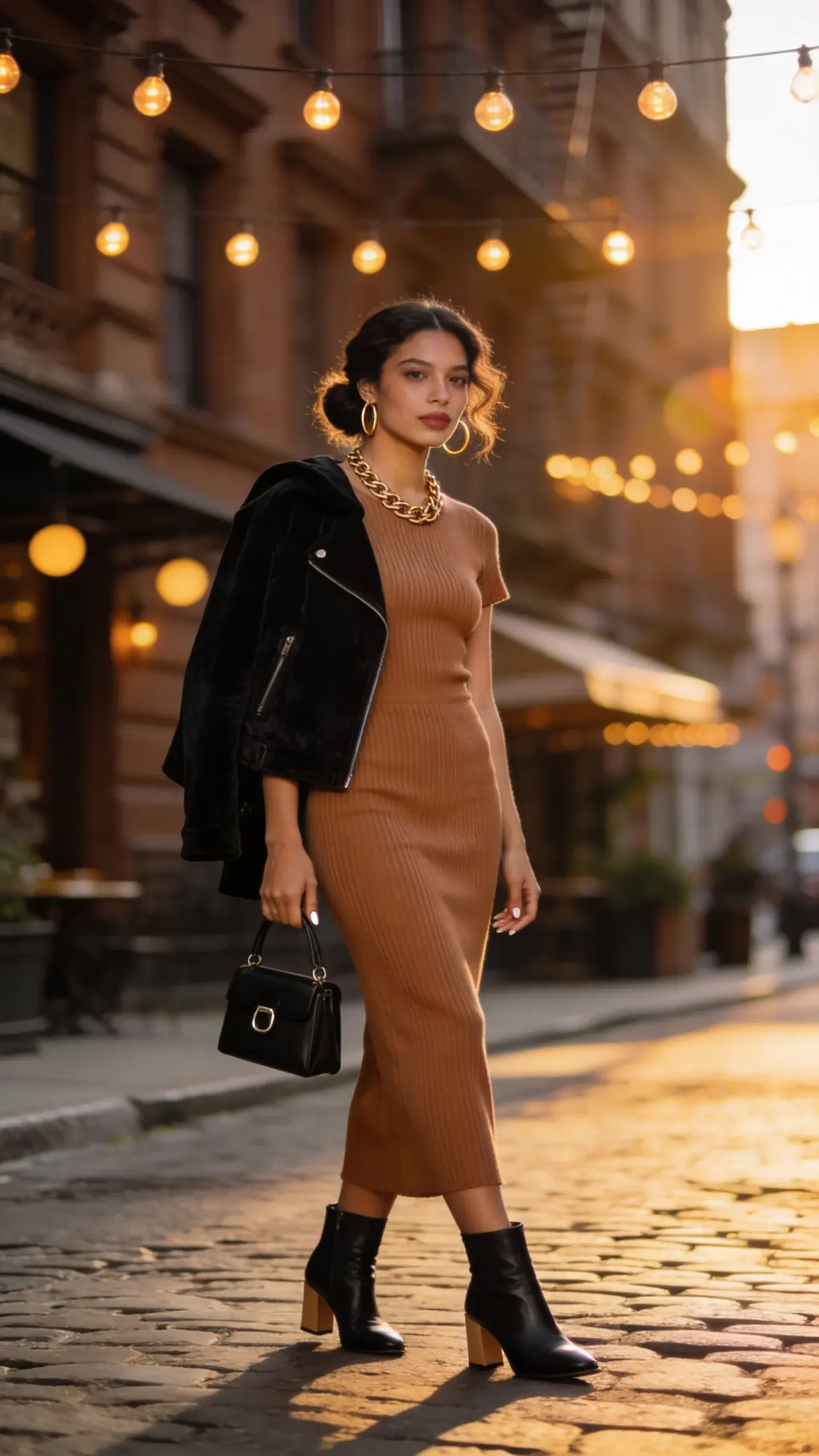 Golden-hour street style portrait of a chic woman wearing a ribbed knit midi dress and ankle boots on a cool summer evening. She’s mid-20s to early-30s, medium complexion, soft wavy hair in a low bun, subtle dewy makeup. Outfit: form-fitting ribbed knit midi dress in warm taupe with short sleeves, hem hitting mid-calf; sleek black leather ankle boots with a modest block heel; lightweight black suede moto jacket draped over her shoulders; chunky gold chain necklace and medium gold hoop earrings; structured mini bag in black with minimal hardware carried in hand. She stands on a cobblestone city street bathed in golden-hour light, soft lens flare, blurred brownstone background, hanging café lights beginning to glow. Pose: relaxed step forward, jacket drape emphasizing layering, confident gaze slightly off-camera. Styling details: clean, modern manicure, subtle waist definition, fine rib texture visible, soft shadowing on fabric. Photographic style: high-resolution, natural light, shallow depth of field (bokeh), editorial fashion photography, 50mm prime look, no text.
