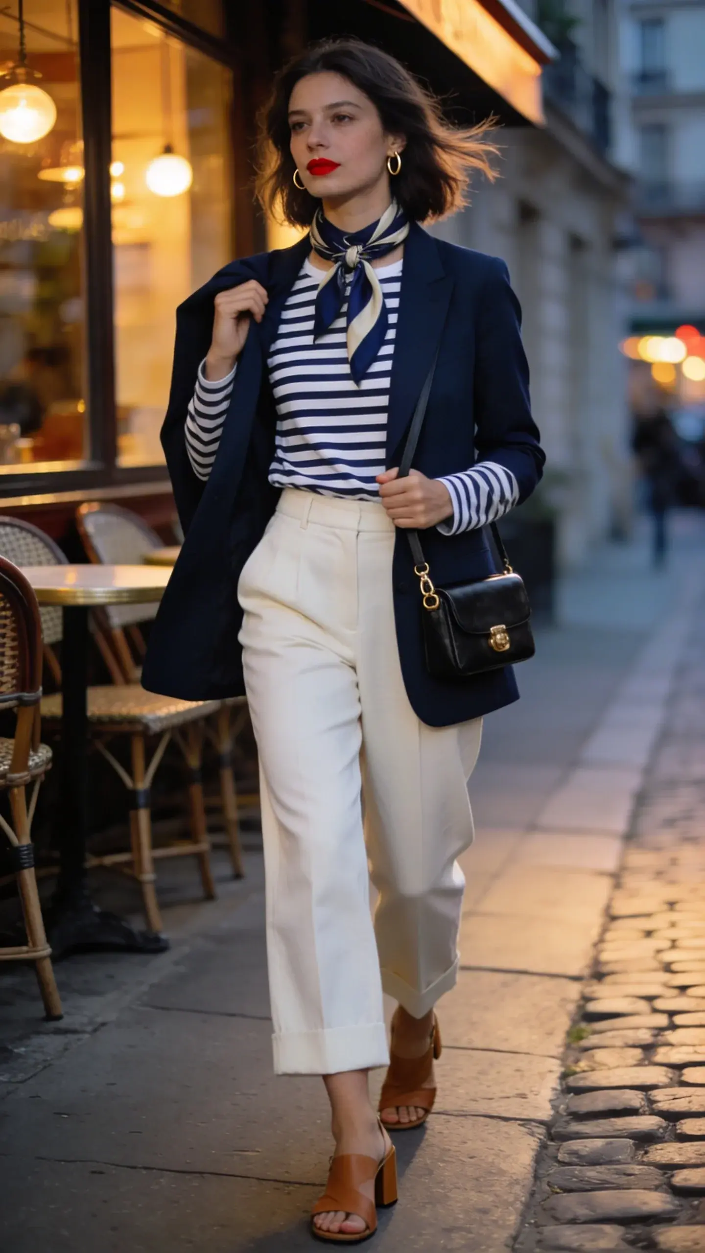 Golden-hour street style photo of a chic woman on a Parisian sidewalk, showcasing a cold summer night outfit: she wears a classic navy-and-cream Breton striped long-sleeve tee tucked into cropped, high-waisted, ivory wide-leg pants, topped with a single-breasted, lightweight navy blazer that skims the hips. On her feet: tan leather low block-heel sandals. Accessories: a silk scarf tied loosely at the neck in muted navy/cream tones and a small structured black leather crossbody with gold hardware. She has effortless, slightly tousled shoulder-length hair, minimal makeup with a soft red lip, and delicate gold hoop earrings. She casually walks past a café with bistro chairs, softly lit windows, and cobblestone streets, one hand slipping the blazer lapel for movement, the other holding the crossbody strap. Cool, crisp evening light with warm café glow; subtle breeze lifting the scarf and hair. Photographed at eye level with a 50mm lens for natural perspective, shallow depth of field to softly blur the Parisian background, high-resolution editorial fashion photography, realistic textures and fabric drape, no text.