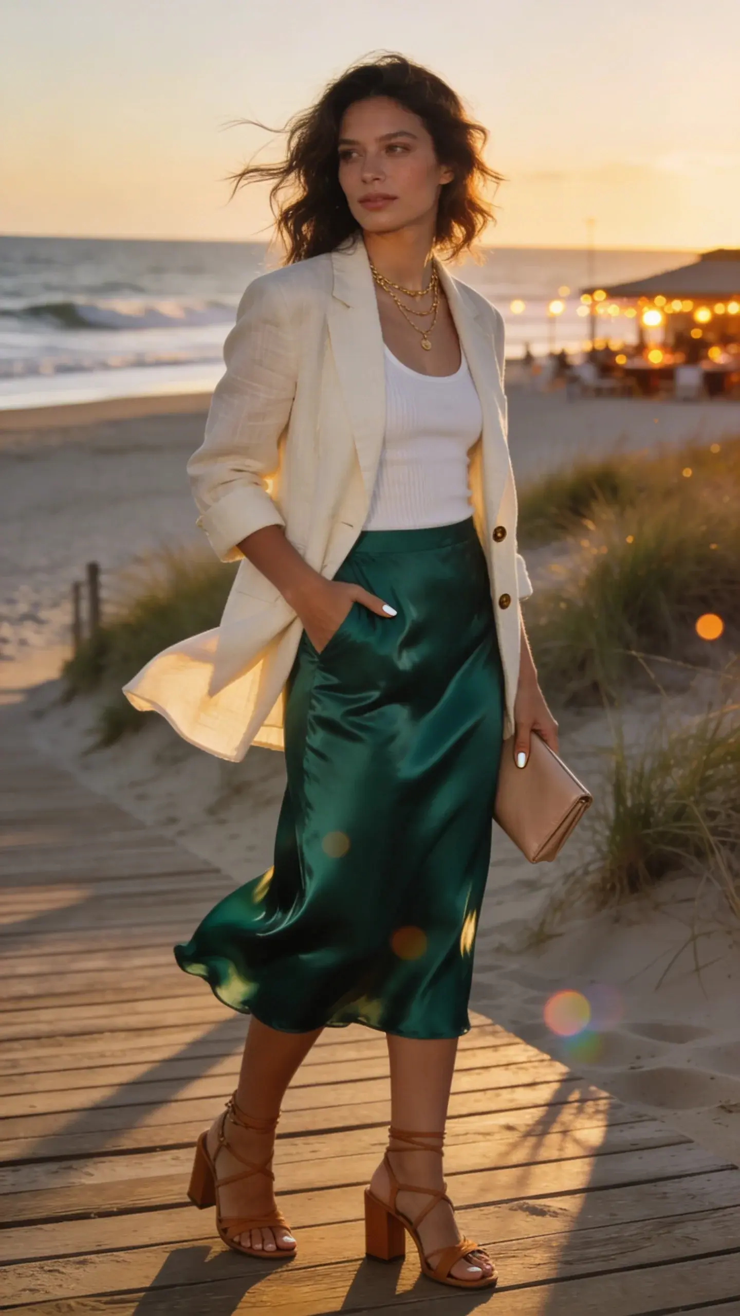 Golden-hour beachside vacation evening with a stylish woman as the main subject, embodying a “cold summer night outfit for women.” She stands on a wooden boardwalk near dunes and soft waves, sun low and warm, breeze lifting fabrics. Outfit: slightly oversized lightweight linen blazer in cream, unbuttoned; satin midi slip skirt in a rich emerald jewel tone with fluid sheen; fitted white ribbed tank; tan strappy block-heel sandals; delicate layered gold necklaces; minimal nude leather clutch in hand. Styling: tousled natural waves, sun-kissed skin, soft bronze glow, minimal dewy makeup. She faces three-quarters toward camera, relaxed confidence, one hand in blazer pocket, skirt catching light and movement. Accessories subtle and refined; nails neutral. Scene details: soft lens flare, long shadows, grain of sand on boardwalk, gentle wind in blazer hem, bokeh lights from a distant beach café starting to glow. Photographic style: high-resolution, realistic, cinematic fashion editorial, shallow depth of field, warm color grading to emphasize cream and emerald tones, no text.
