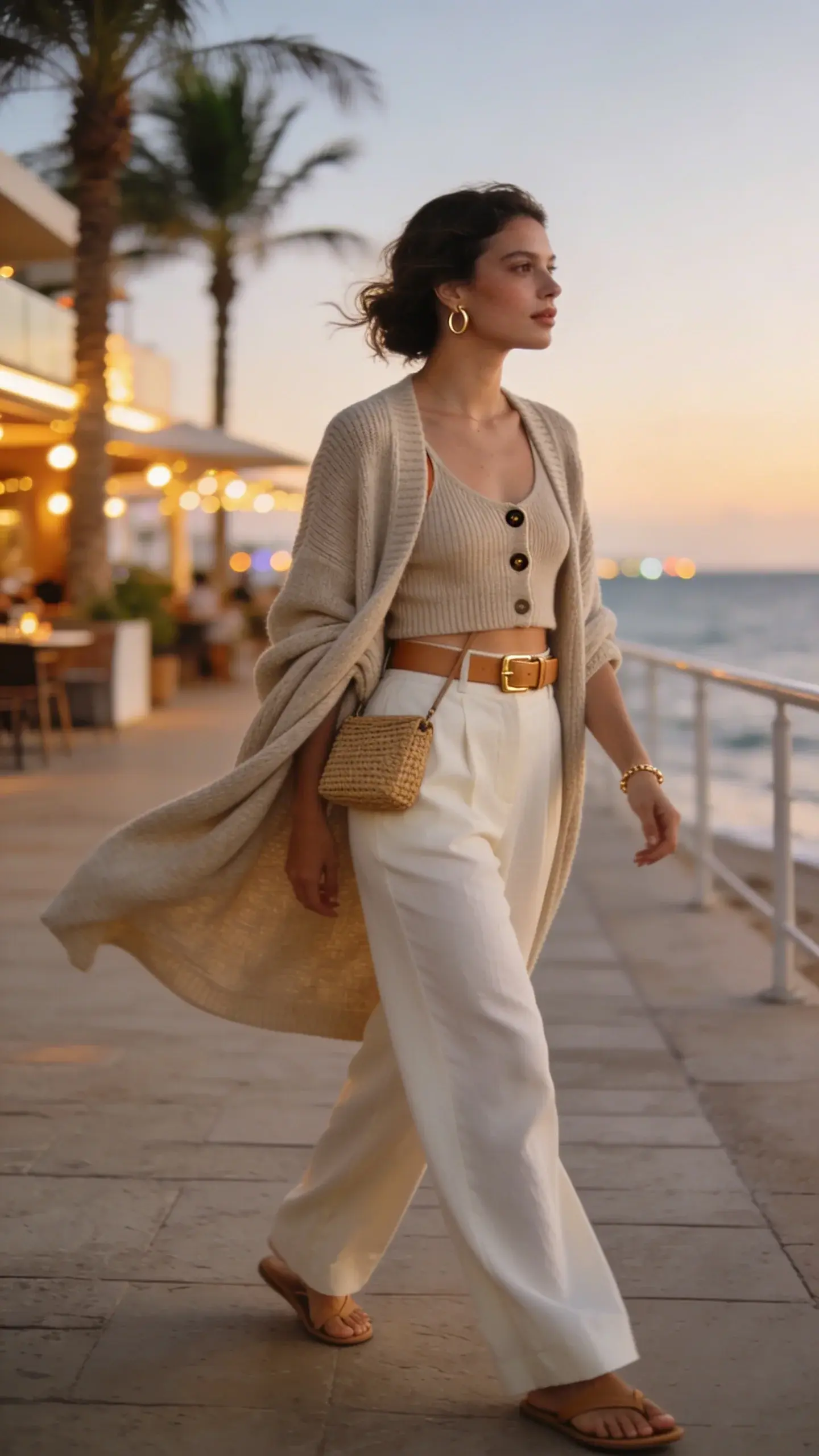 Golden-hour street style photo of a woman on vacation during a cool summer evening, walking along a breezy coastal promenade lined with palm trees and modern cafés. She wears a coordinated knit set: a soft oatmeal cropped knit cardigan with only the top two buttons fastened, the rest draping open over a matching slim knit tank. She pairs it with high-waisted, wide-leg trousers in ivory that have a soft, fluid drape and gently skim the shoes. Minimal tan leather slides, a slim tan leather belt with a sleek gold buckle, small polished gold hoop earrings, and a delicate gold bracelet complete the look. Her hair is loosely waved, tucked behind one ear, with natural, dewy makeup. She carries a compact woven crossbody bag at her hip. The cardigan subtly doubles as a wrap as an ocean breeze moves the fabric. Background features warm café lights, faint bokeh, and a hint of sea horizon; ambient lighting is soft and flattering, with realistic skin texture and fabric detail (knit ribbing, trouser drape, leather grain). Full-body, three-quarter angle, candid walking pose, editorial fashion photography, shallow depth of field, high resolution, no text.