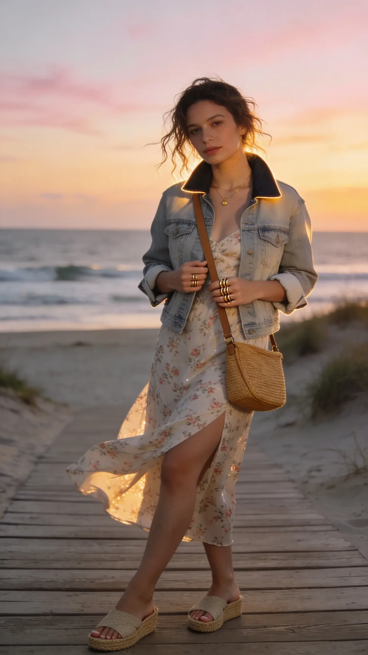 Golden-hour beachfront scene, realistic high-resolution fashion photo of a woman on vacation during a cool summer evening. She stands on a wooden boardwalk by the shore with soft waves and a pastel sunset sky behind her. She has tousled, salty beach hair and minimal sun-kissed makeup. Outfit: a light-wash denim jacket that hits at the hip with the collar subtly popped and sleeves casually cuffed; a breezy midi slip dress in a delicate floral print that moves with the sea breeze; neutral espadrille wedges; a tan woven crossbody bag worn across her torso; stackable gold rings on a few fingers. She gently holds the strap of the crossbody with one hand and the other hand grazes the jacket hem, creating a relaxed, flirty stance. Lighting: warm, directional sunset light with soft shadows and a gentle rim light along the jacket and hair. Composition: three-quarter body framing, slightly off-center rule-of-thirds, shallow depth of field to softly blur the shoreline and dunes. Styling details: natural linen texture in the bag, subtle sheen on the slip dress, clean manicure, delicate gold jewelry. Mood: effortless coastal chic, “Coastal Denim Jacket Energy With A Flirty Dress,” cozy yet breezy vacation evening aesthetic. Camera: full-frame DSLR, 50mm lens at f/2.8, ISO 200, 1/500s. No text, no logos.