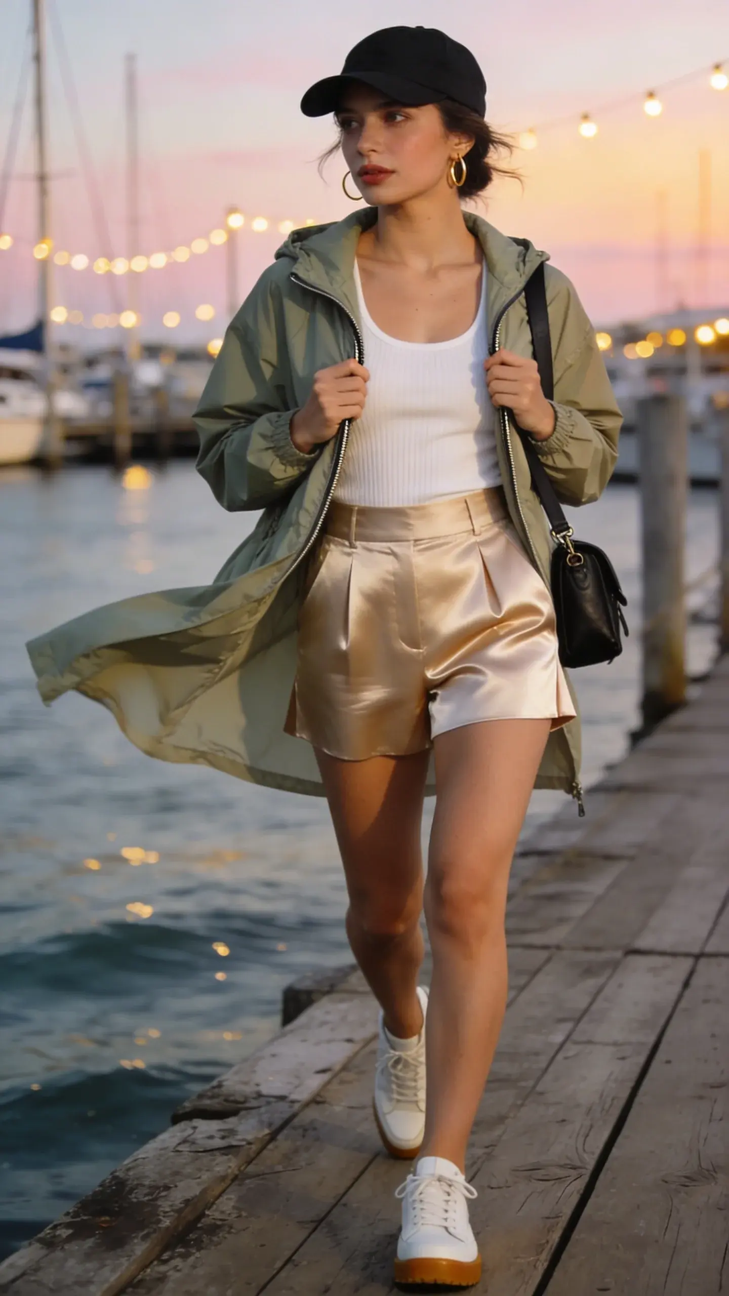 Golden-hour vacation evening on a breezy seaside pier, realistic high-quality photo of a stylish woman embodying the “cold summer night” vibe: she wears a lightweight muted-sage windbreaker zipped halfway over a fitted white ribbed tank, paired with satin-look tailored-waist shorts in champagne with subtle structure (not pajama-like). On her feet: white retro sneakers with gum soles; accessories include a black baseball cap, small black leather mini backpack slung one-shoulder, and minimalist gold hoops. Her hair is loosely tucked under the cap, natural glowy makeup. She stands mid-stride on weathered wooden boards with fluttering windbreaker hem, hands casually adjusting the zipper, gazing off-camera with cool, model-off-duty energy. Background: softly lit marina with docked sailboats, gentle ripples on water, string lights beginning to twinkle, sky in pastel dusk tones. Styling details: clean lines, breathable technical fabric on the windbreaker, satin shorts with crisp darts and slight A-line shape; subtle textures visible. Depth of field: shallow, subject in sharp focus, background bokeh. Color palette: muted sage, champagne, white, black, warm golden light. Shot on full-frame camera, 50mm lens, natural light, realistic skin texture, no text on image.
