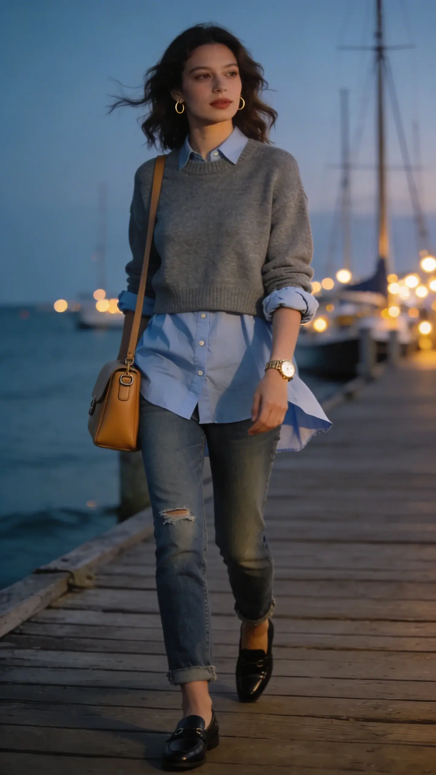 Golden-hour vacation boardwalk scene, realistic high-quality fashion photo. A stylish woman in her late 20s channels quiet luxury on a cool summer evening. She wears a fine-gauge crewneck sweater in slate gray, slightly cropped, layered over a crisp light-blue cotton button-up; the shirt hem peeks out 2 inches and the cuffs are rolled over the sweater sleeves. Straight-leg ankle-length medium-wash jeans, no distressing. Polished black leather loafers. A structured camel leather shoulder bag with minimal hardware sits on her shoulder. Simple, slim gold watch on her wrist; tiny gold hoop earrings. Natural makeup, soft waves in her hair. She’s mid-stride on a wooden pier with softly twinkling seaside lights and moored sailboats in the background; faint breeze lifts the shirt hem. Soft, diffused golden light with cool undertones to suggest a chill. Shallow depth of field, 50mm perspective, editorial street-style composition, high-resolution, true-to-life textures and fabrics, no text.