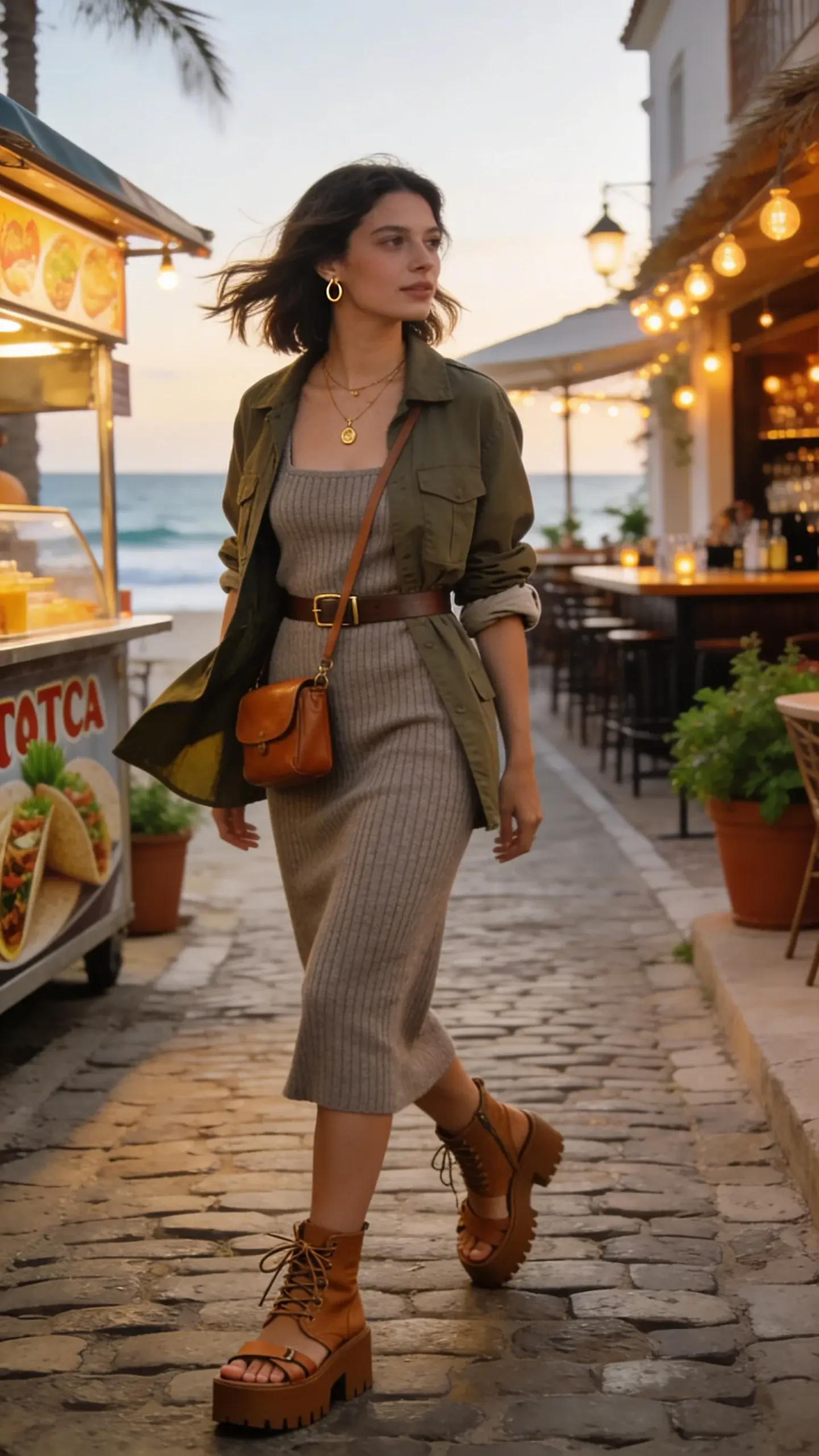 Golden-hour street scene on a coastal vacation town, featuring a stylish woman as the main subject of a “Cold Summer Night Outfit for Women.” She wears a ribbed knit midi dress in a soft heathered taupe with a square neckline that gently grazes her figure (not clingy), paired with an olive utility jacket cinched at the waist with a slim belt; sleeves casually pushed up to mid-forearm. Footwear: tan leather platform sandals with a sturdy sole; optional lace-up boots visible slung from her belt bag for an extra-breezy vibe. Accessories: layered delicate gold pendant necklaces, small gold hoop earrings, and a caramel leather belt bag worn crossbody. She’s mid-step on a cobblestone lane lined with glowing café lights and potted greenery, moving from a casual taco stand toward a chic terrace bar in the background. Subtle coastal breeze lifts the jacket hem and soft waves in her shoulder-length hair. Warm, cinematic lighting with soft shadows; shallow depth of field keeps focus on textures (ribbed knit, matte cotton twill, leather grain). Realistic, high-resolution fashion photography, candid editorial street style, 50mm lens, natural color grading, no text.