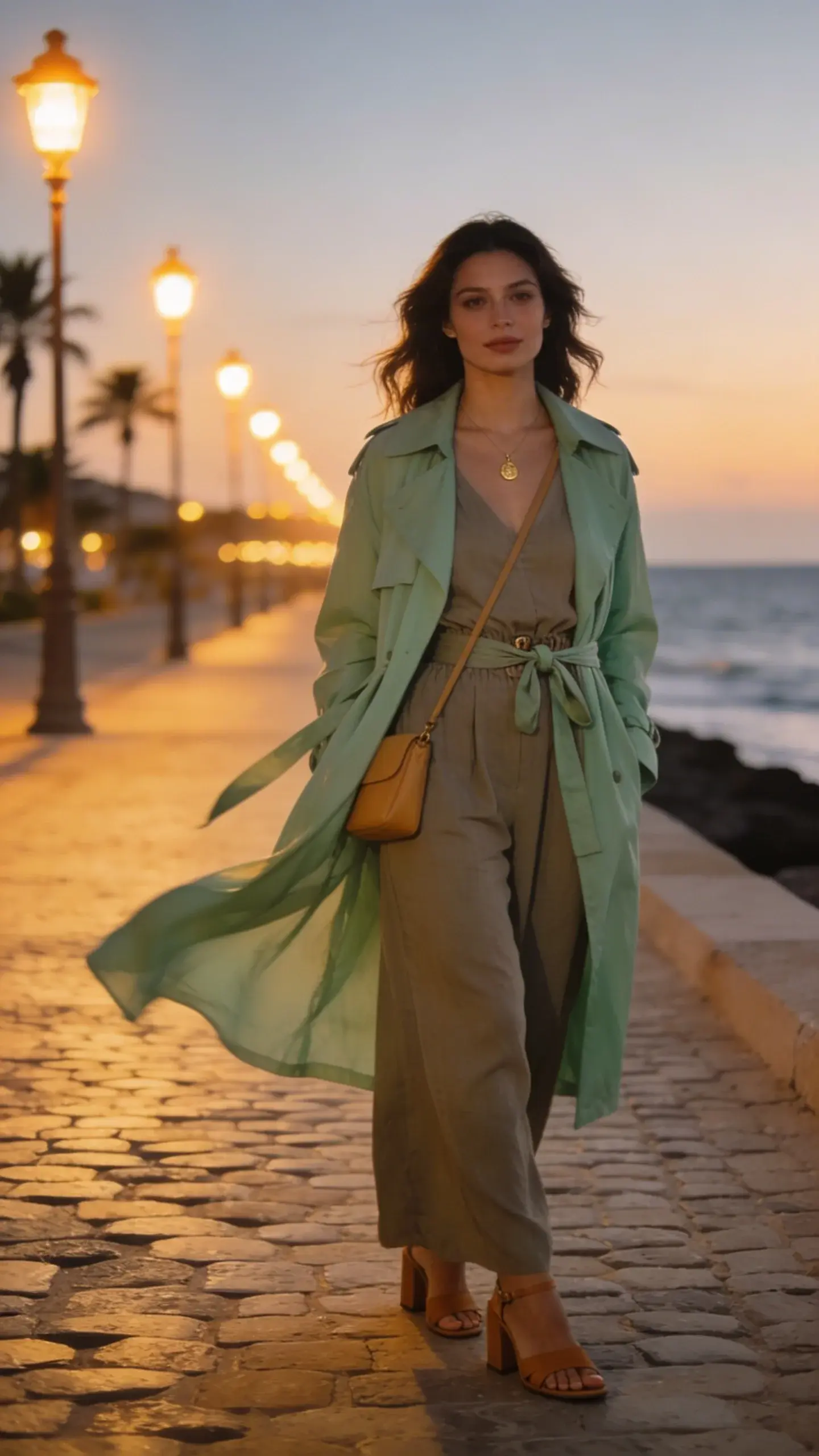 Golden-hour vacation street scene featuring a stylish woman dressed for a cold summer night: she wears a lightweight, unlined trench coat in soft sage, sash tied but coat left open to flow, layered over a wide-leg, breathable jumpsuit in a muted neutral with a defined waist. Footwear: tan block-heel sandals. Accessories: minimal gold pendant necklace and a slim tan crossbody bag worn diagonally. She stands on a cobblestone promenade near the coast, faint ocean and palm silhouettes in the background, warm amber streetlights just flickering on. The trench moves softly in a breeze, adding drama and warmth without bulk. Color palette: soft sage, sand, warm neutrals. Styling feels effortlessly pulled-together and vacation-ready. Natural makeup, loose waves, understated elegance. Shot on a full-frame camera, 50mm lens, shallow depth of field, realistic lighting, high-resolution editorial fashion photography, no text.