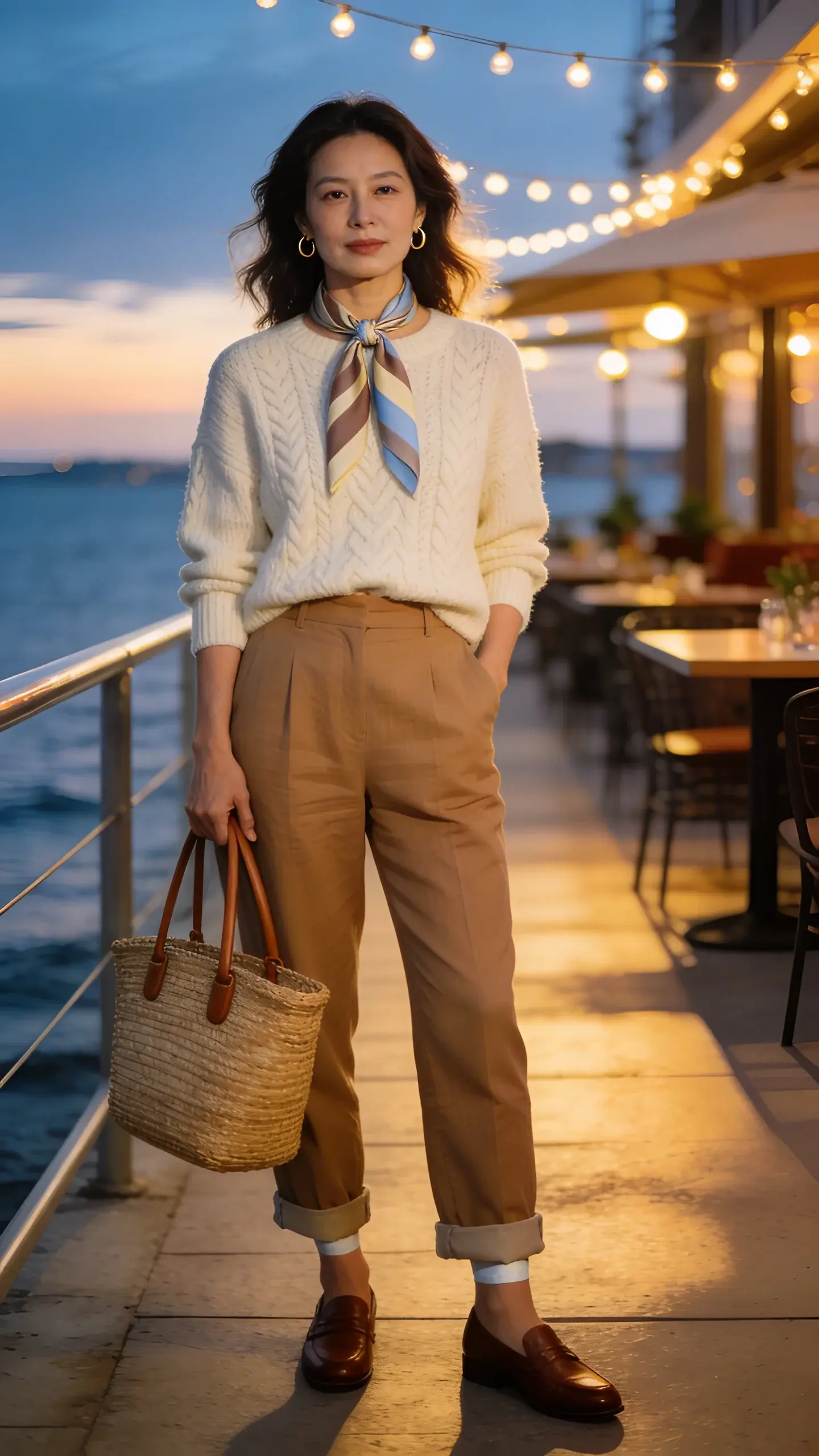 Golden-hour, realistic fashion photo of a stylish woman dressed for a cold summer night, blending “coastal grandma” ease with city-chic polish. She stands on a waterfront promenade in the city—string lights twinkling, sleek patio restaurant behind her, soft breeze off the water. She wears a lightweight cream cable-knit sweater lightly front-tucked into high-waisted tan linen trousers with rolled hems that reveal a sliver of ankle. On her feet: rich brown leather loafers. She carries a structured straw tote with leather handles over one forearm. Accessories: delicate small gold hoop earrings; a muted striped silk scarf (soft taupe, cream, pale blue) knotted at her neck. Hair is loosely undone with natural waves; fresh, minimal makeup with a dewy finish. The knit texture reads cozy while the tailoring stays crisp and refined. Natural, cinematic lighting with warm highlights and soft shadows; shallow depth of field to keep focus on the outfit textures and proportions; no text, no logos.