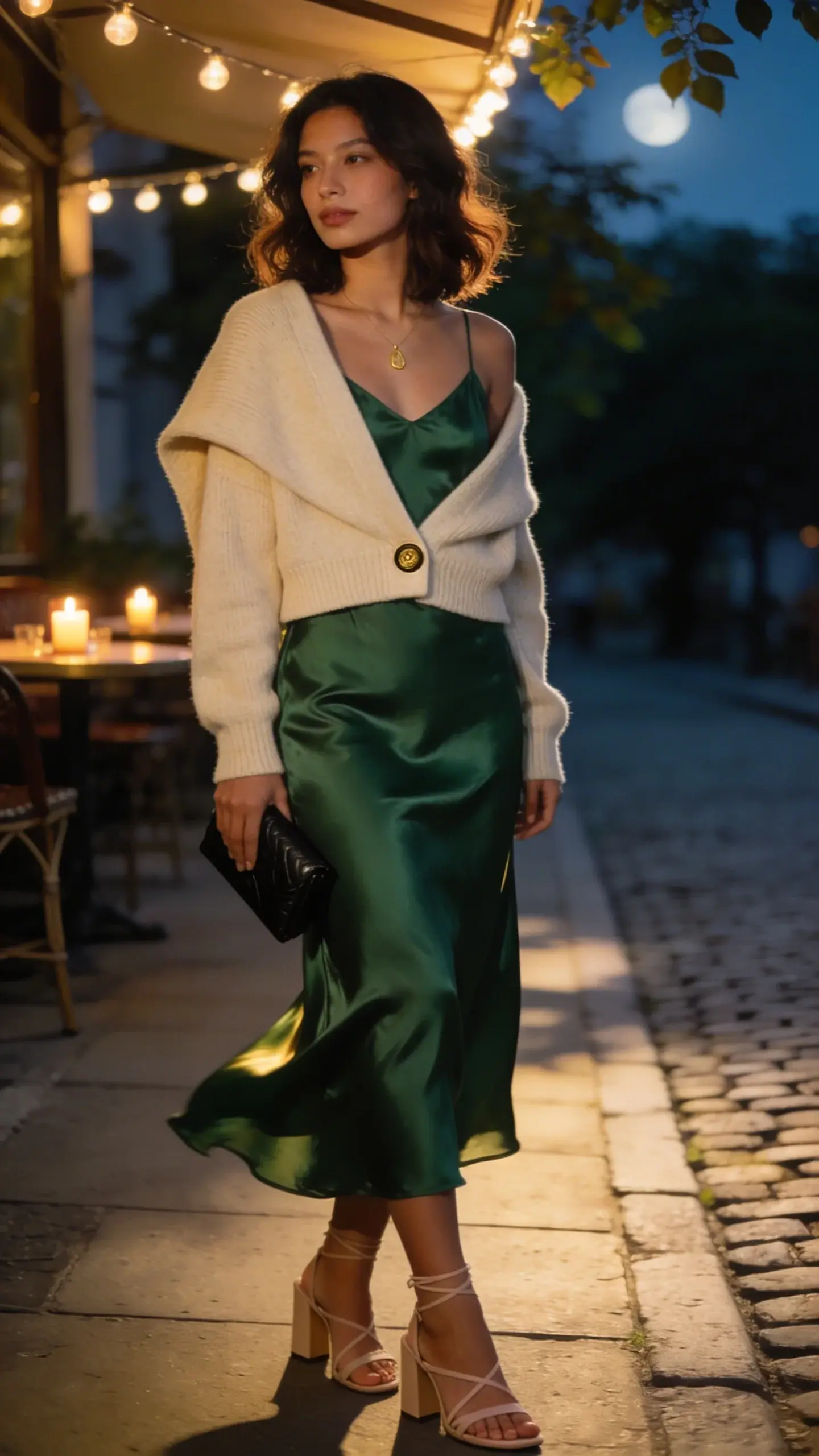 Golden-hour street scene on a cool summer night: a stylish woman in her late 20s (medium-tan skin, wavy shoulder-length dark brown hair) stands under soft cafe string lights, wearing a forest green satin midi slip dress with a subtle sheen and a cropped oatmeal cashmere cardigan draped over her shoulders, one middle button fastened for shape. She pairs it with nude strappy block-heel sandals, a delicate minimal gold pendant necklace, and a compact black leather clutch in hand. The cardigan’s texture contrasts with the silky dress, catching the light; the fabric moves slightly in a gentle breeze. Background shows a cobblestone sidewalk, blurred bistro tables with candles, and leafy trees hinting at a moonlit walk. Natural, cinematic lighting; shallow depth of field; full-body, three-quarter angle. Realistic fashion photography, 50mm lens look, soft shadows, rich color accuracy, no text.