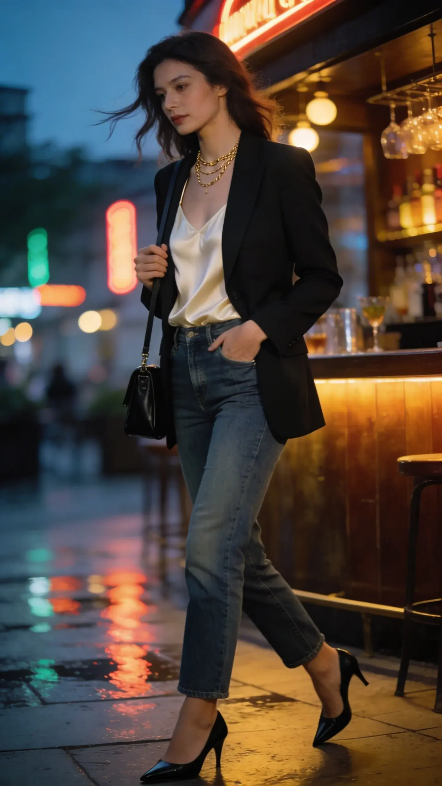 Golden-hour street scene, cold summer night, a stylish woman as the main subject walking past a softly lit cocktail bar. She wears a single-breasted black blazer with sharp tailoring over a slightly loose cream silk camisole that drapes elegantly, paired with mid-wash straight-leg jeans that skim her ankles. On her feet: black pointed-toe slingback heels. Accessories include layered delicate gold chains at her collarbone and a small black leather crossbody bag worn on the shoulder. She tucks one hand into a blazer pocket, the other lightly holding the bag strap, exuding effortless confidence. Cool, crisp air suggested by a faint breeze moving her hair and cami hem; ambient city bokeh lights, wet pavement reflecting neon, and warm bar light spill add atmosphere. Realistic, high-quality fashion photography with shallow depth of field, 50mm lens look, natural skin tones, fine fabric textures visible (silk sheen, blazer structure, denim grain), no text.