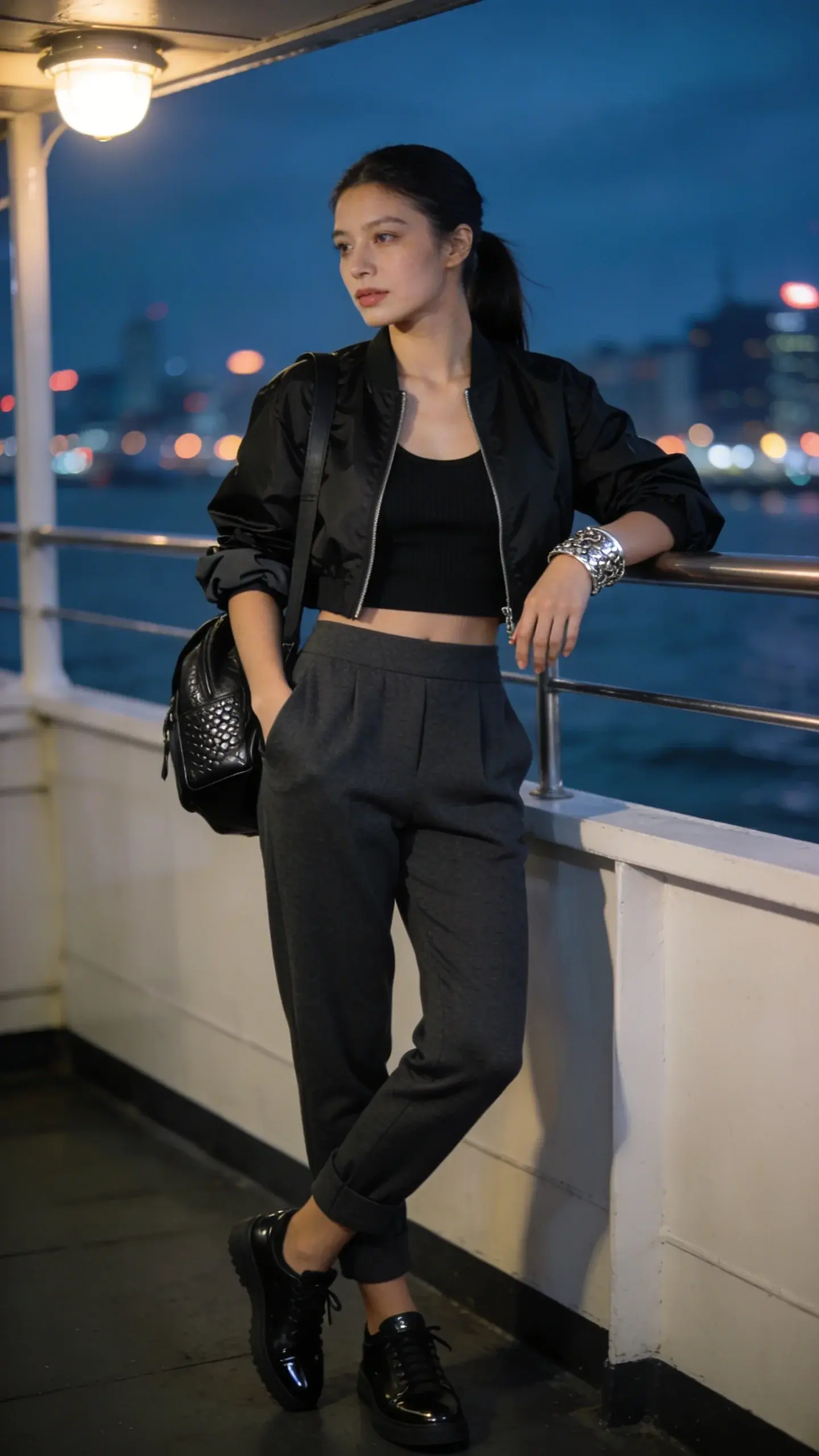 Realistic high-quality fashion photo of a stylish woman on a chilly summer night, sporting a sporty-chic look with a luxe twist. She stands on a softly lit urban ferry deck with blurred city lights and water in the background, cool blue hour ambiance. Outfit: matte black cropped windbreaker zipped halfway, revealing a fitted black ribbed tank; high-waisted tailored joggers in charcoal with a tapered ankle; black leather low-top sneakers with subtle shine; chunky silver cuff bracelet exposed by pushed-up sleeves; mini backpack in pebbled black leather worn on one shoulder. Her hair is sleek in a low ponytail, minimal dewy makeup with a soft nude lip. She casually leans on the railing, one hand in pocket, the other grazing the cuff, confident and relaxed. Textures emphasized: matte nylon windbreaker, structured wool-blend joggers, pebbled leather, polished silver. Lighting: cool, cinematic, with gentle rim light from ferry lamps highlighting contours and accessories. Color palette: blacks, charcoals, silvery metals. Shot on full-frame DSLR, 50mm lens, shallow depth of field, natural grain, editorial street-style aesthetic, no text.