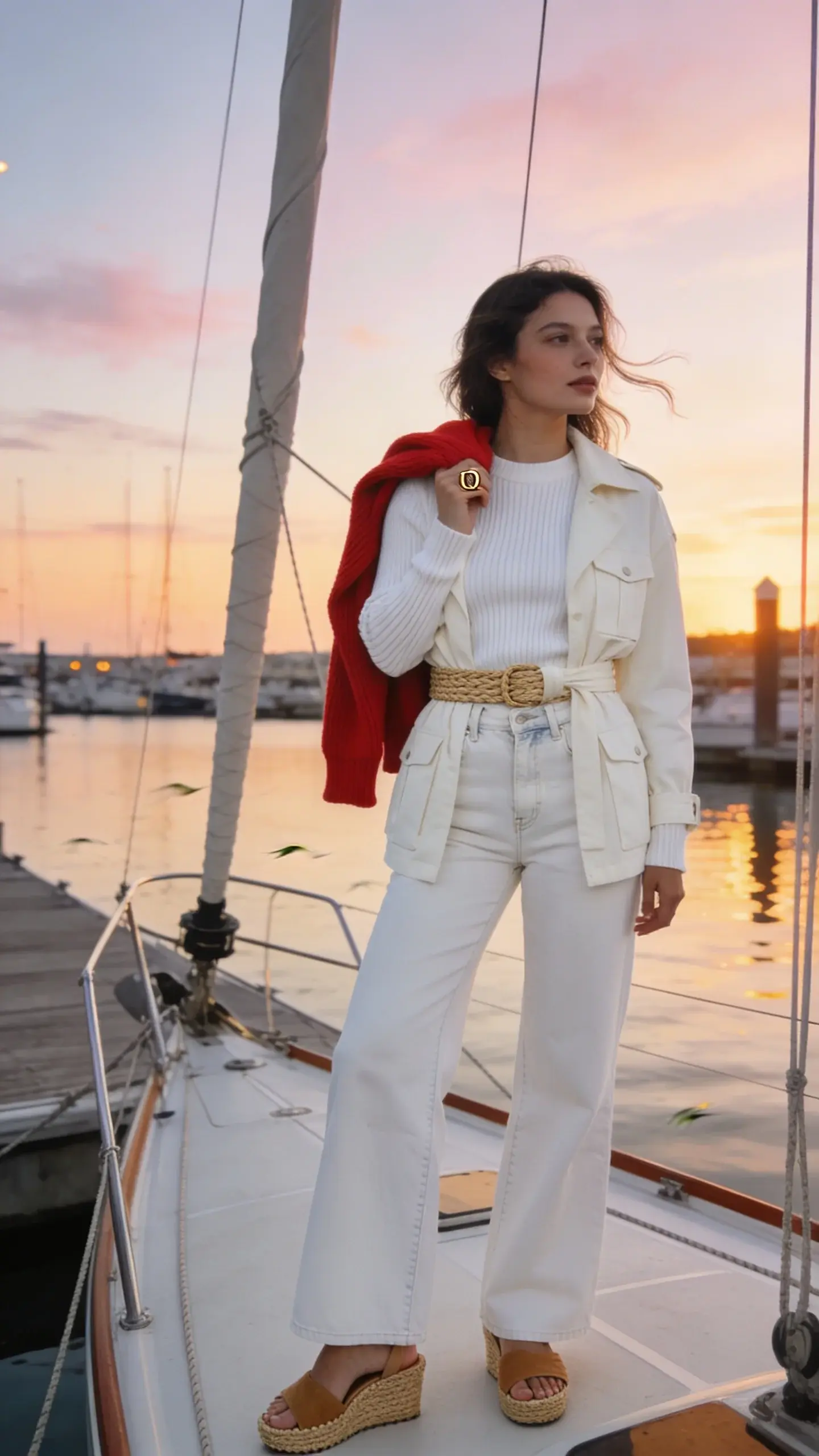 Golden-hour fashion photo of a woman on a docked sailboat, styled in a monochrome all-white look for a cold summer night: she wears a bright white ribbed knit long-sleeve top tucked into off-white high-rise wide-leg jeans, topped with a cream belted utility jacket cinched at the waist. Footwear is tan espadrille wedges. Accessories are minimal: a single gold signet ring and a natural woven belt; she carries a lightweight red sweater casually draped over one shoulder for a pop of color. Textures are the focus—ribbed knit, soft denim, smooth twill, woven jute. Her hair is soft and wind-kissed, makeup natural and dewy. The setting is a calm marina at sunset with warm, low-angle light, pastel sky, and gentle water reflections; subtle breeze adds movement to the jacket belt and hair. Full-body, three-quarter angle, shallow depth of field, high-resolution editorial street-style photography, realistic color grading emphasizing creamy whites and warm tans, no text.