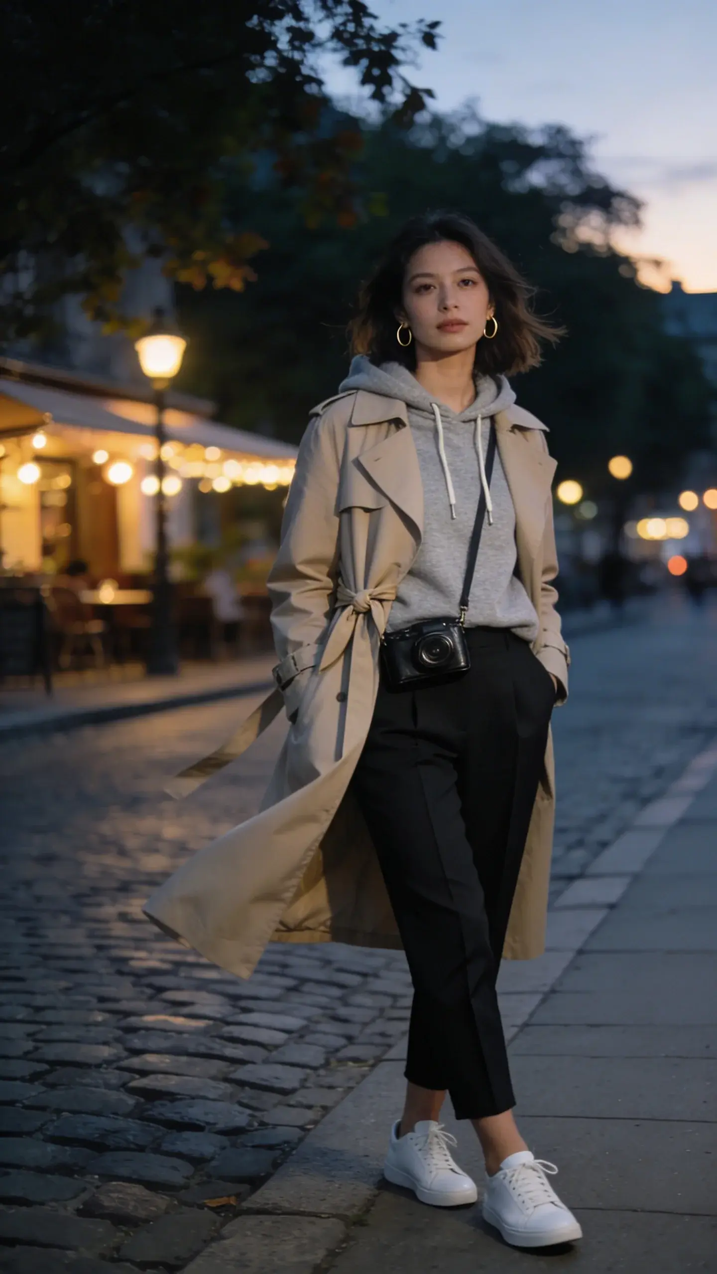 Realistic high-quality street-style photo at dusk of a woman dressed for a cold summer night: she wears a beige, structured trench coat with a tie belt left open over a lightweight heather gray cashmere hoodie (hood down, drawstrings visible), paired with black tailored ankle pants featuring a sharp front crease. On her feet: clean white leather sneakers. Accessories include thin gold hoop earrings and a small black leather crossbody camera bag worn across the chest. She stands on a cobblestone sidewalk near softly glowing café lights and a leafy boulevard, light breeze subtly moving the trench hem. Soft, diffused golden-hour lighting with cool undertones, shallow depth of field, natural skin texture, neutral makeup, slightly tousled shoulder-length hair. Composition three-quarter length, slightly off-center, editorial fashion photography, 35mm lens look, crisp details, no text.