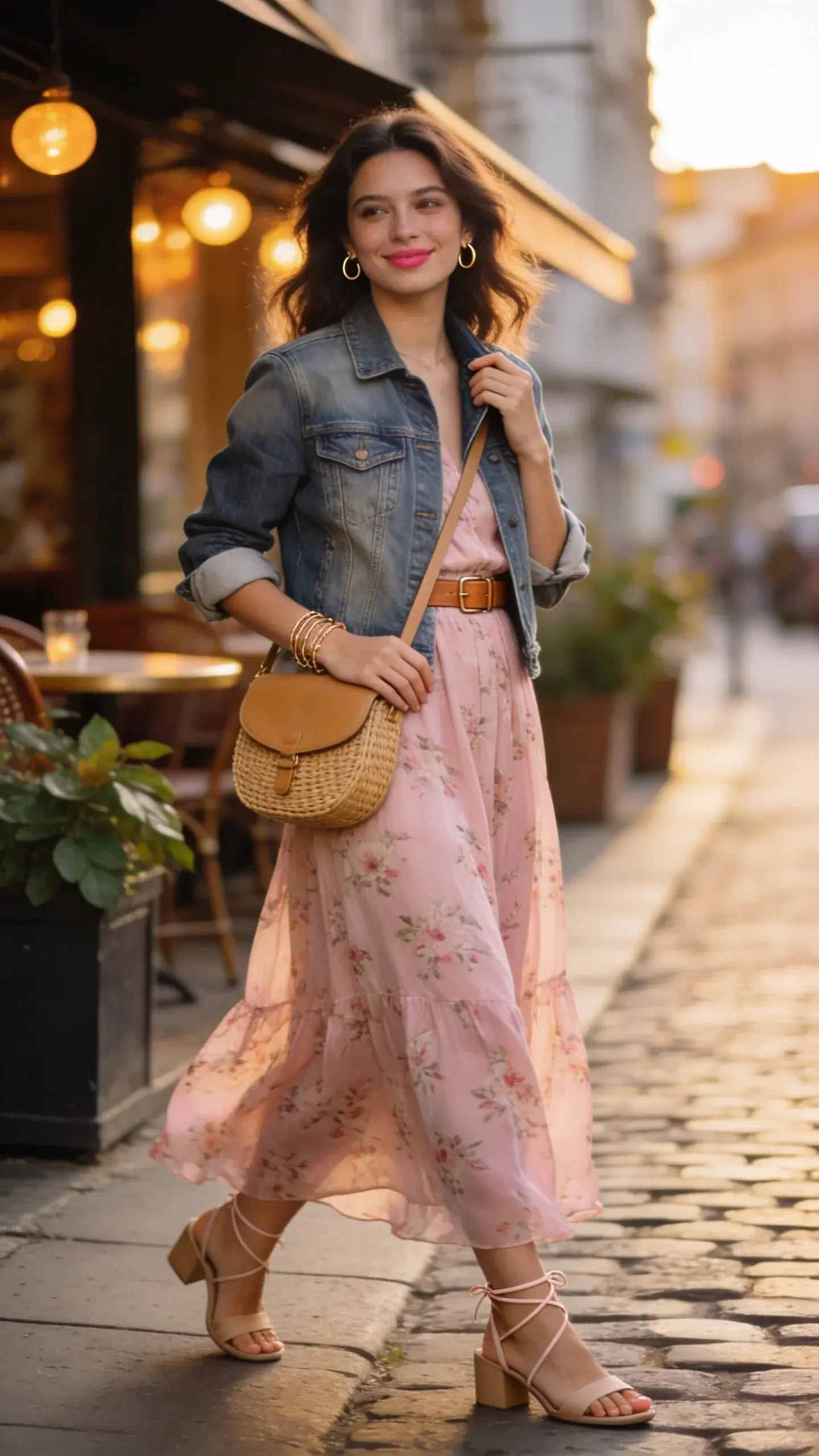 Golden-hour street scene featuring a stylish woman enjoying a cold summer night in an elegant, flirty layered look: she wears a flowy chiffon maxi dress in soft blush with a subtle floral print, cinched at the waist with a slim tan leather belt, paired with a medium-wash fitted denim jacket with the sleeves casually rolled to the forearms. Footwear: nude low block-heel sandals with delicate ankle straps. Accessories: layered delicate gold bracelets, small gold hoop earrings, and a woven tan crossbody saddle bag worn across the body. Her hair is in loose waves, natural dewy makeup with a soft rosy lip. She stands on a cobblestone sidewalk near softly lit café terraces with warm bistro lights and leafy planters, city buildings softly blurred in the background. She’s mid-step, smiling slightly, one hand adjusting the jacket lapel, the other resting on the bag. Realistic photography, 50mm lens look, shallow depth of field, cinematic warm tones, high resolution, soft ambient lighting, no text.