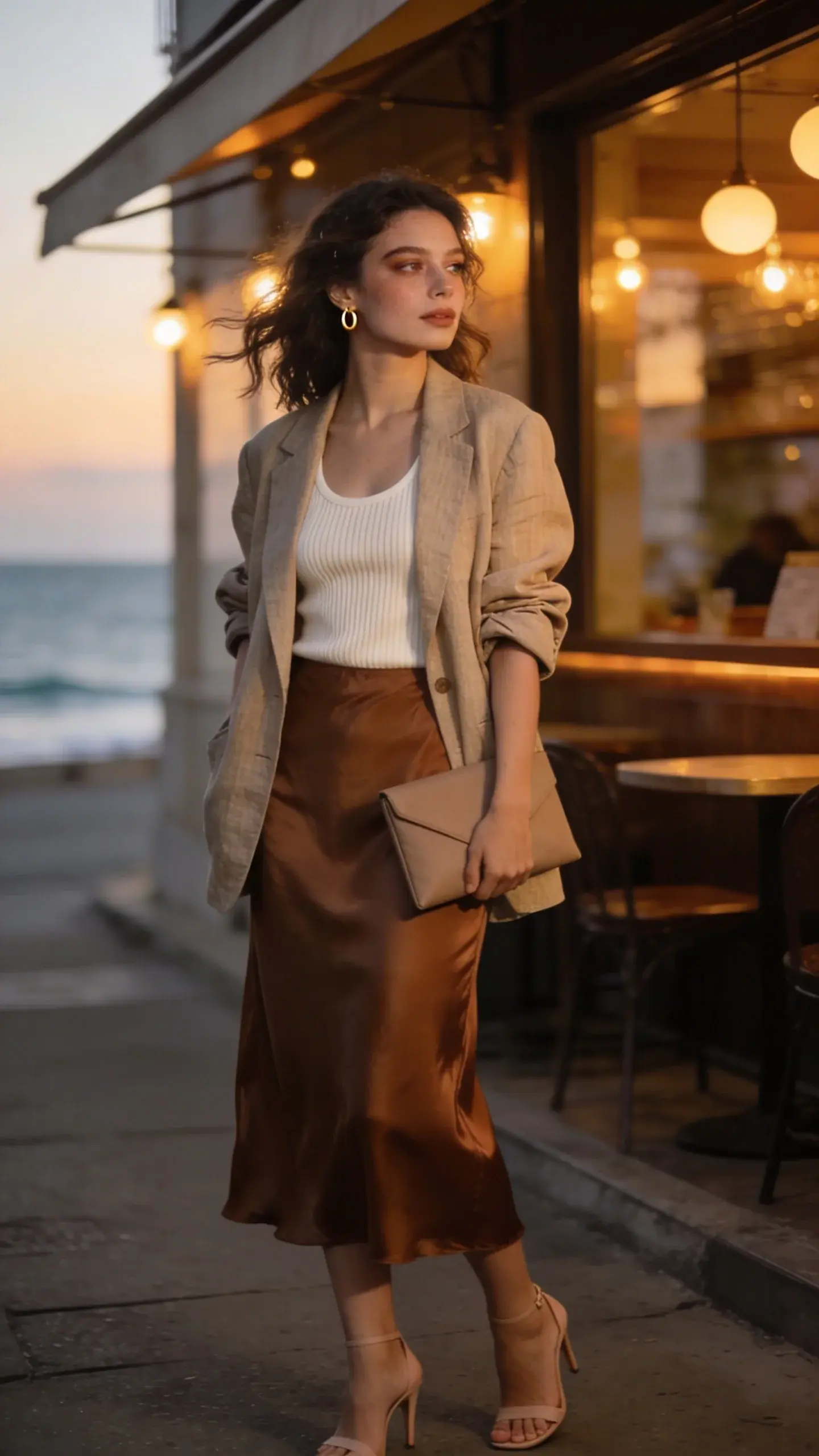 Golden-hour street style portrait of a woman on a cool summer evening wearing a slightly oversized natural linen blazer layered over a ribbed ivory knit tank, paired with a fluid espresso-brown silk slip skirt that skims the hips; she stands near a softly lit café facade with warm bistro lights and a faint ocean breeze suggested by gentle fabric movement. Her footwear is barely-there nude heeled sandals, and accessories include small gold huggie earrings and a minimalist envelope clutch in taupe. Styling shows the tank neatly tucked, blazer sleeves casually pushed up, and the skirt hitting mid-calf for an elegant line. Hair is loosely waved, dewy natural makeup with a soft brown liner. Scene features realistic lighting (soft, directional golden hour), shallow depth of field, full-body three-quarter angle, fine fabric textures visible (linen weave, ribbed knit, lustrous silk), high-resolution fashion photography, editorial yet candid vibe, no text.