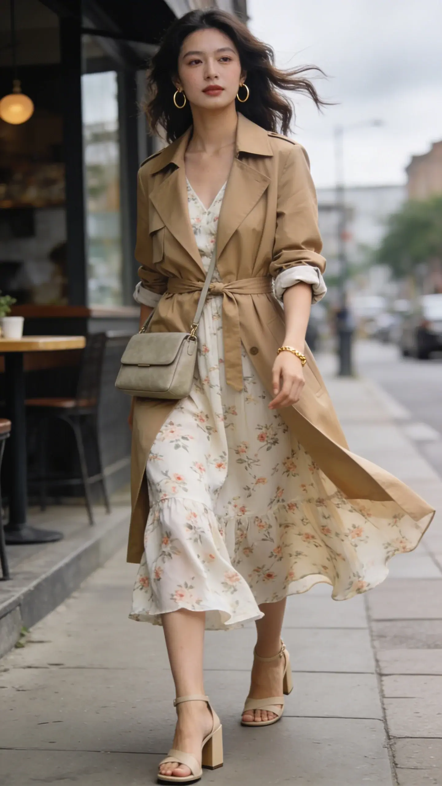 Realistic high-fashion street style photo of a chic woman on a cool summer day, embodying a classy casual vibe. She wears a lightweight tailored trench coat in tan, loosely cinched at the waist, over a breezy flowy midi dress with a subtle floral print and a soft slip lining. Footwear: beige block-heel sandals. Accessories: structured stone-colored crossbody bag with clean lines, medium gold hoop earrings, and a delicate gold bracelet. Styling details: trench sleeves softly rolled, dress hem swishing mid-calf, natural makeup with a fresh glow, soft waves in her hair. Setting: overcast urban sidewalk near a café with soft diffused light, a hint of wind lifting the trench for movement. Color palette: neutrals (tan, stone, cream) with a gentle floral accent. Composition: three-quarter body shot at eye level, shallow depth of field, crisp textures (cotton trench, lightweight dress), editorial quality, no text.
