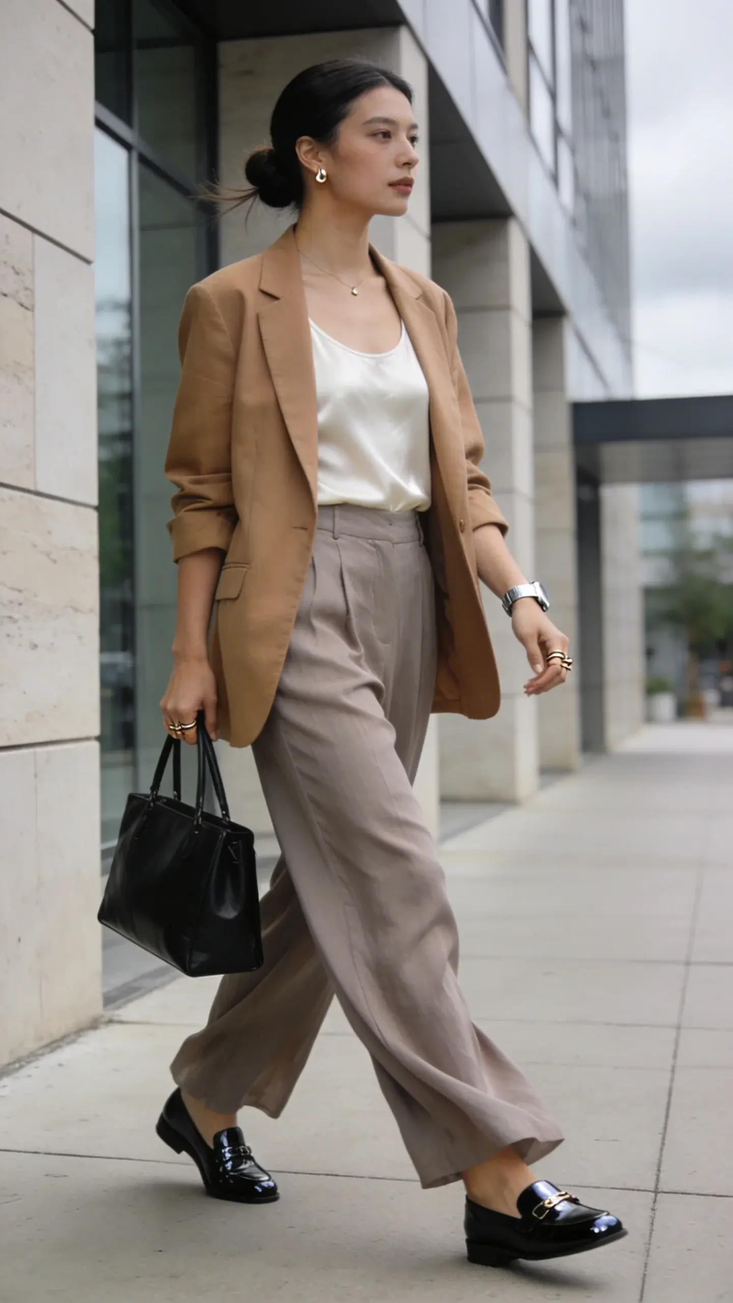 Realistic high-quality street-style photo of a chic woman on a cool, overcast summer day in a city setting (soft diffused daylight, slight breeze). She wears a slightly oversized, mid-hip relaxed blazer in camel over a cream silky tank, paired with high-waisted, wide-leg lightweight trousers in soft taupe that drape and move. Footwear: black leather loafers with a subtle sheen. Accessories: structured black leather tote carried in hand, minimalist silver watch, delicate stud earrings, and fine layered rings. Hair in a neat low bun; natural, polished makeup. She’s mid-stride on a clean sidewalk near modern architecture with neutral stone and glass, soft depth of field, color palette of camel, cream, taupe, and black. Emphasize refined textures—matte blazer, fluid silk tank, airy trousers, smooth leather. Editorial fashion photography, 50mm lens look, eye-level angle, sharp focus on outfit details, no text.