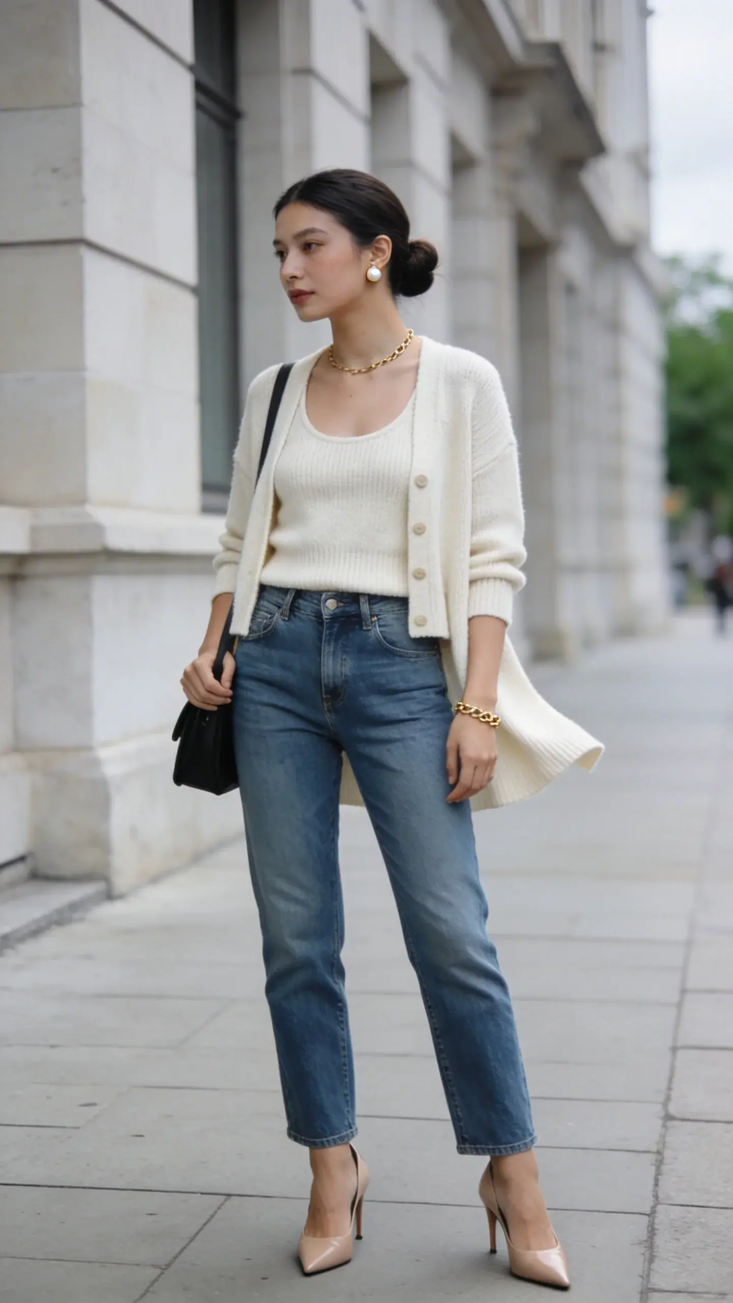 Realistic street-style fashion photo of a chic woman on a cool summer day wearing a matching lightweight cardigan and knit tank set, styled as a twinset: the knit tank tucked into high-waisted, straight-leg medium-wash jeans, with the cardigan unbuttoned and slightly cropped to skim the waist. She wears nude leather slingback heels, a small black shoulder bag tucked under her arm, delicate pearl stud earrings, and a thin gold chain bracelet. The vibe is elegant, cozy, and polished. Lighting is soft overcast daylight for a cool, crisp look. Background: a clean urban sidewalk with pale stone buildings and subtle greenery in the distance, shallow depth of field to keep focus on the outfit. Natural hair styled in a low, neat bun, fresh minimal makeup. Subtle movement in the cardigan hem for lifelike realism. Color palette: cream cardigan set, medium blue denim, nude heels, black bag, gold jewelry. High-resolution, editorial fashion photography, full-body, eye-level framing, no text.