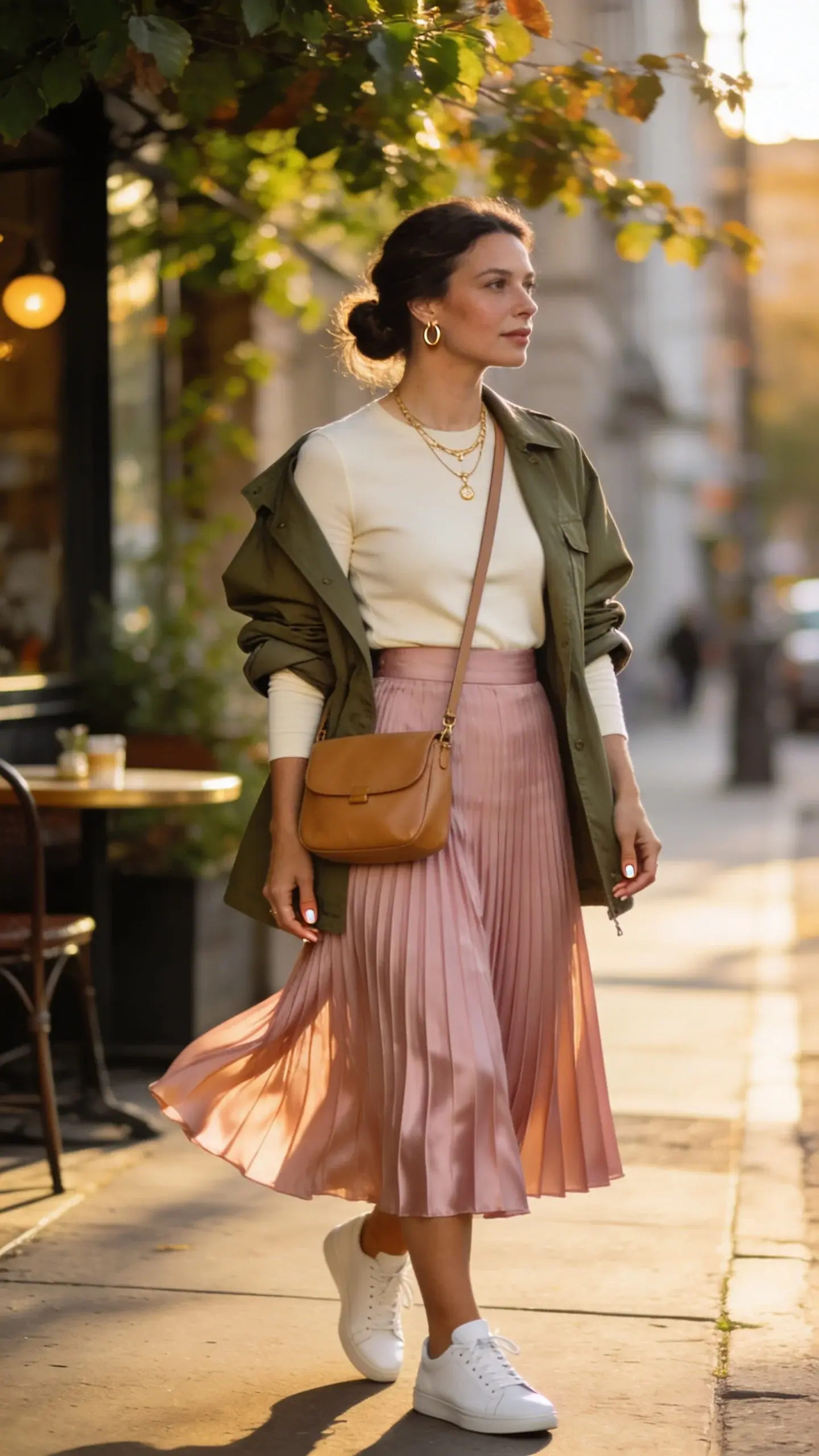 Realistic, high-quality street-style photo of a chic woman on a breezy, cold summer day wearing a utility jacket with a feminine twist. She’s the main subject, mid-30s, confident and elegant, standing on a sunlit city sidewalk near a leafy cafe. Outfit: slightly oversized olive utility jacket worn open with sleeves casually pushed up; soft cream fitted long-sleeve top tucked into a high-waisted, midi-length pleated skirt in blush pink; crisp white leather sneakers; tan leather crossbody bag worn diagonally; layered delicate gold necklaces and small hoop earrings. Styling details: jacket hem hitting just below the hips, defined waist from the skirt, subtle wind movement catching the pleats for flow. Hair in a low, loose bun, minimal dewy makeup, natural nails. Color palette: olive, cream, blush, tan, white, warm gold accents. Lighting: golden late-afternoon natural light with soft shadows, realistic skin texture and fabric detail (matte cotton twill jacket, silky pleats). Composition: three-quarter body shot, shallow depth of field with softly blurred urban background, no text. Photographic style: editorial fashion street photography, high resolution, crisp focus on textures and accessories.