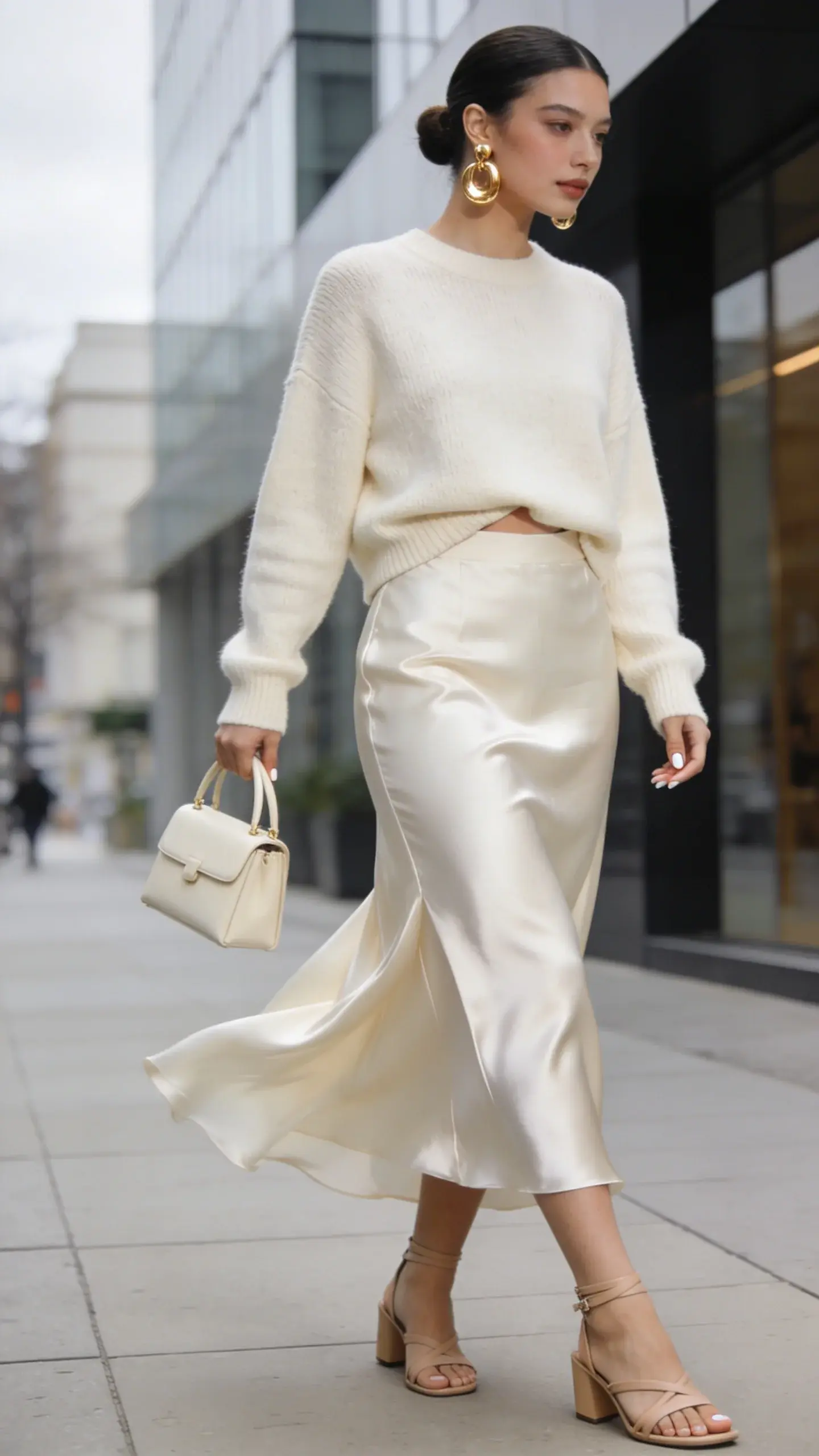 Realistic high-fashion street-style photo of a chic woman on a cool summer day, embodying “Cold Summer Day Outfit for Women” in a monochrome look: she wears a lightweight crewneck knit sweater in soft cream, half-tucked to define the waist, paired with a coordinating cream midi satin slip skirt that has subtle bias-cut movement. On her feet: nude leather ankle-strap sandals with a low kitten heel; she carries a structured mini top-handle bag in matching cream. Jewelry: bold statement earrings in polished gold. The setting is an upscale city sidewalk near modern architecture with soft overcast daylight for even, flattering light, a gentle breeze giving the skirt motion. Styling details: clean, natural makeup with a soft glow, hair in a low, sleek bun, neutral manicure. Photographed at eye level on a 50mm lens for a crisp, editorial feel, shallow depth of field to softly blur the background, high-resolution, true-to-life colors, tactile fabric detail visible (delicate sweater knit, satin sheen), no text, no logos.