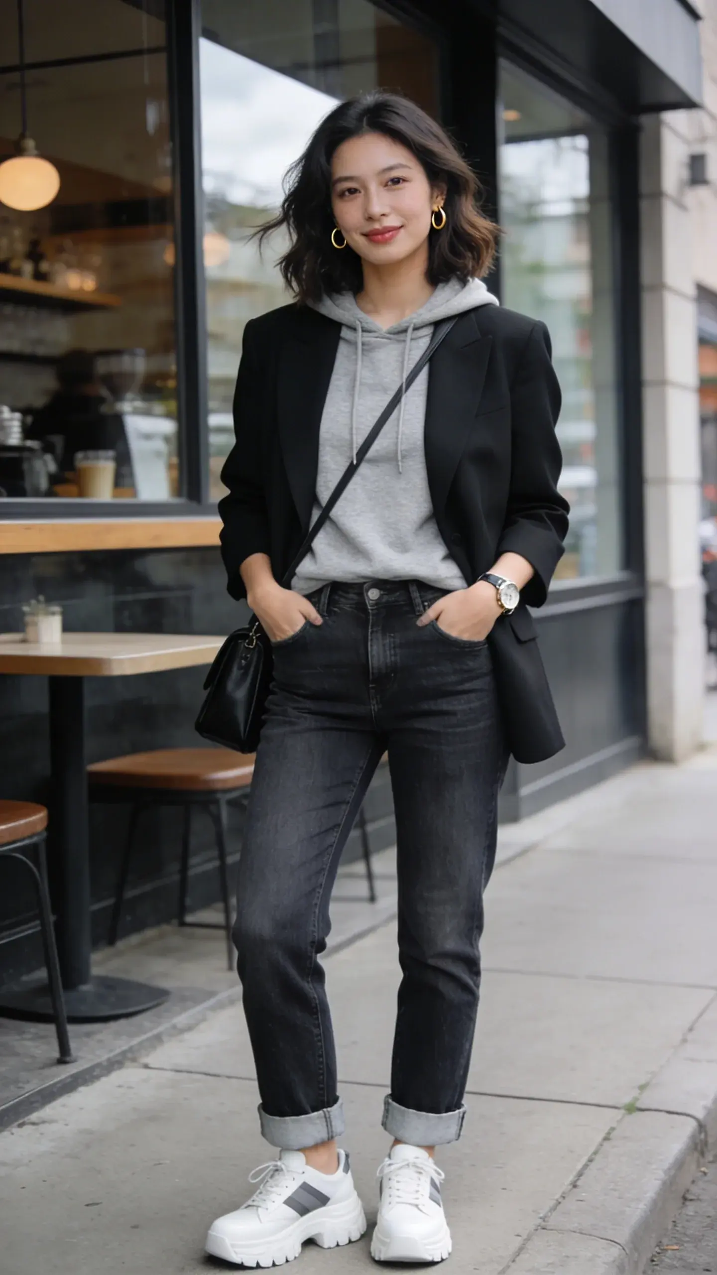 Realistic street-style photo of a chic woman dressed for a cold summer day, showcasing “soft hoodie under a blazer” styling. She wears a thin, fitted heather-gray hoodie layered under a sharp, slightly oversized black tailored blazer, paired with high-rise straight-leg medium-wash jeans with a clean hem. On her feet: chunky white leather sneakers with subtle gray accents. She carries a minimalist black leather crossbody with a slim strap. Accessories: small gold hoop earrings, a simple watch, and subtle natural makeup with softly glossed lips. Hair is shoulder-length, loosely waved. She stands on a city sidewalk near a modern café with large windows and soft overcast daylight, a light breeze suggesting cool summer weather. Hands casually in pockets, relaxed confident posture, slight smile. Emphasis on texture contrast: soft knit hoodie against structured blazer; jeans neat and tailored; sneakers crisp. Shallow depth of field, high-resolution editorial fashion photography, natural color grading, no visible branding or text.