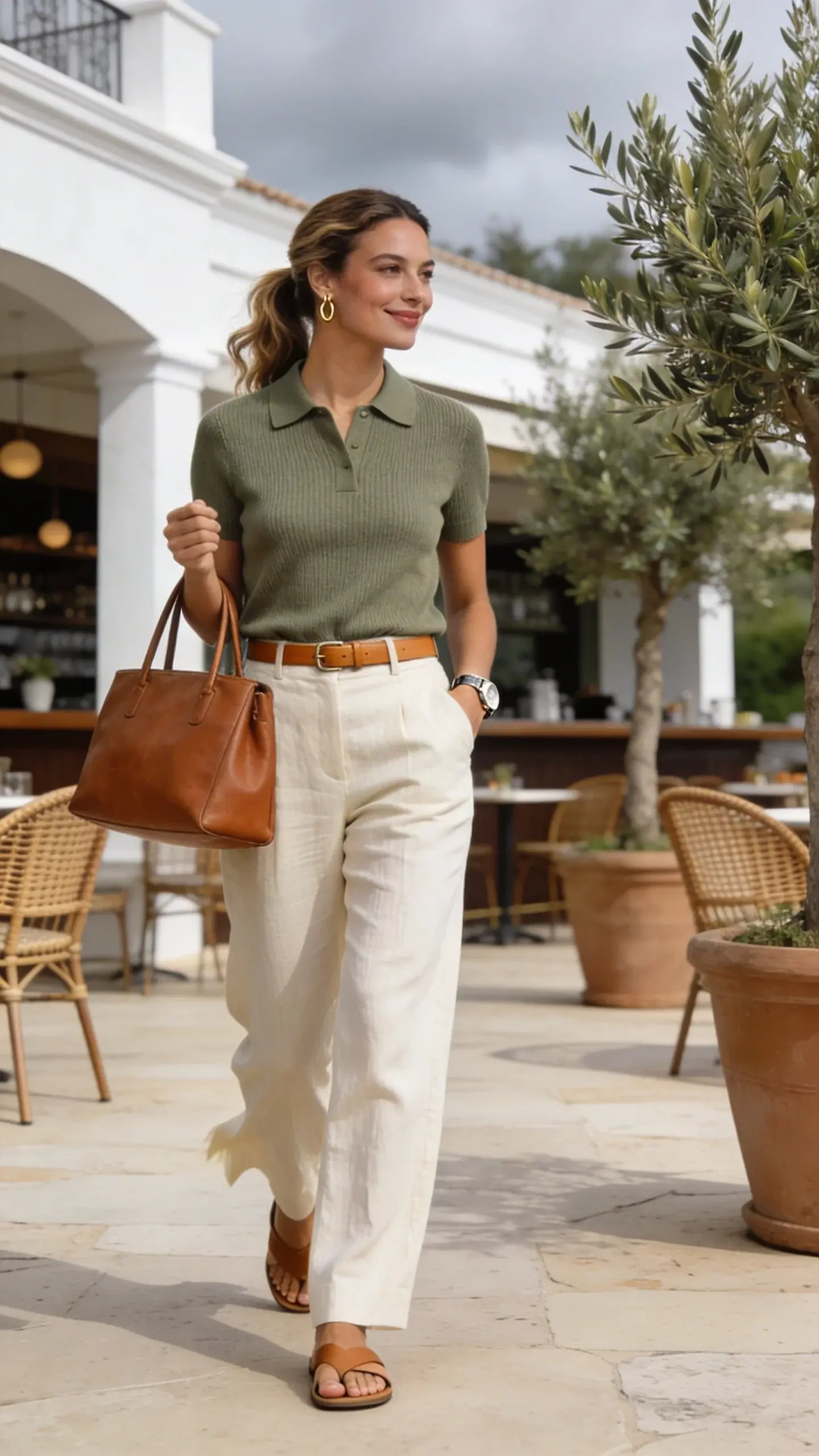 Realistic fashion photo of a stylish woman on a breezy cold summer day, embodying classy casual “country club energy.” She’s the main subject, mid-30s, light olive skin, soft waves in a low pony, subtle natural makeup. Outfit: slim-fit short-sleeve knit polo in sage tucked into high-waisted cream linen-blend trousers with a straight leg; thin tan leather belt; minimalist steel watch; tan leather slides; medium structured tote in cognac leather held at elbow. Add delicate gold hoop earrings. Scene: sunlit outdoor patio at an upscale clubhouse/café with white stucco, pale stone floors, potted olive trees, and rattan chairs; soft overcast light suggesting a cool breeze. Pose: walking toward camera at a slight angle, relaxed smile, one hand in pocket, tote on the crook of her arm, trousers moving slightly. Styling details: clean front-tuck for defined waist, crisp polo collar, subtle texture of knit and linen visible. Color palette: sage, cream, tan, cognac, soft neutrals. Depth of field: shallow (subject sharp, background softly blurred). Shot on a 50mm lens, natural light, editorial street-style aesthetic, high-resolution, no text.