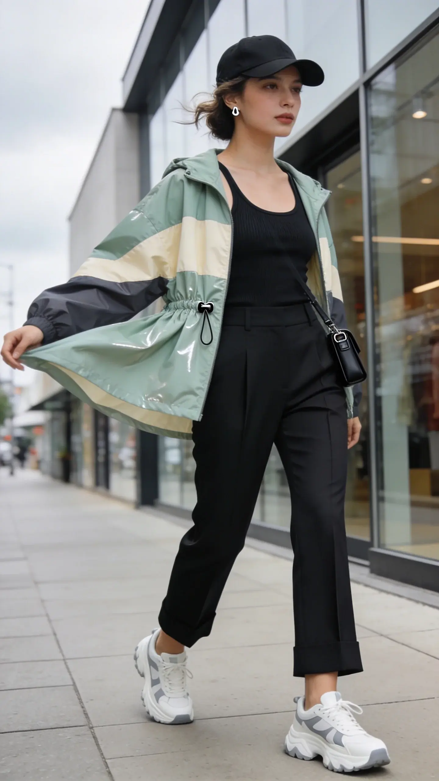 Realistic street-style photograph of a chic woman on a cool, breezy summer day in the city, embodying “Cold Summer Day Outfit for Women” vibes. She wears a color-block windbreaker (muted sage, cream, and charcoal) with a subtle sheen and a cinchable waist toggled for shape over a fitted black ribbed tank. Paired with high-waisted, tailored black trousers with a sharp crease and ankle-grazing hem, and chunky white dad sneakers with light gray accents. Accessories include a minimalist black baseball cap, tiny silver stud earrings, and a slim black crossbody with matte hardware. She stands mid-stride on a clean urban sidewalk lined with modern glass storefronts and soft overcast light; a gentle breeze lifts the windbreaker hem. Natural makeup, soft waves tucked behind one ear. Color palette is neutral and polished; textures are crisp and realistic. Shot on a 50mm lens at eye level, shallow depth of field, soft diffused lighting, editorial fashion photography quality, no text.