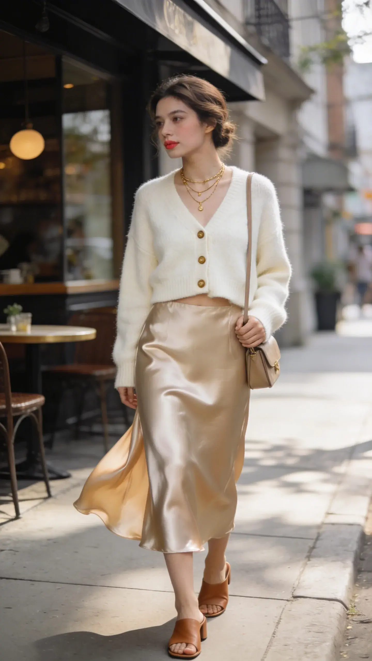 Realistic street-style fashion photo of a chic woman on a cool summer day wearing a soft cropped cashmere-blend cardigan in cream, buttoned and slightly front-tucked into a bias-cut satin midi slip skirt in champagne, paired with minimalist leather mules and delicate layered gold necklaces; she carries a mini shoulder bag tucked under her arm. The look is romantic yet practical: the cardigan keeps her core warm while the silky skirt moves in a light breeze. Scene set on a sun-dappled city sidewalk near a boutique café with soft overcast lighting, a gentle breeze catching the skirt’s sheen. Natural makeup with a soft rosy lip, loose waves tucked behind one ear. Composition emphasizes texture contrast—fuzzy knit versus glossy satin—shallow depth of field, full-body shot at a slight angle, crisp details of fabric drape and accessories, neutral earthy palette (cream, champagne, tan leather), high-resolution editorial quality.