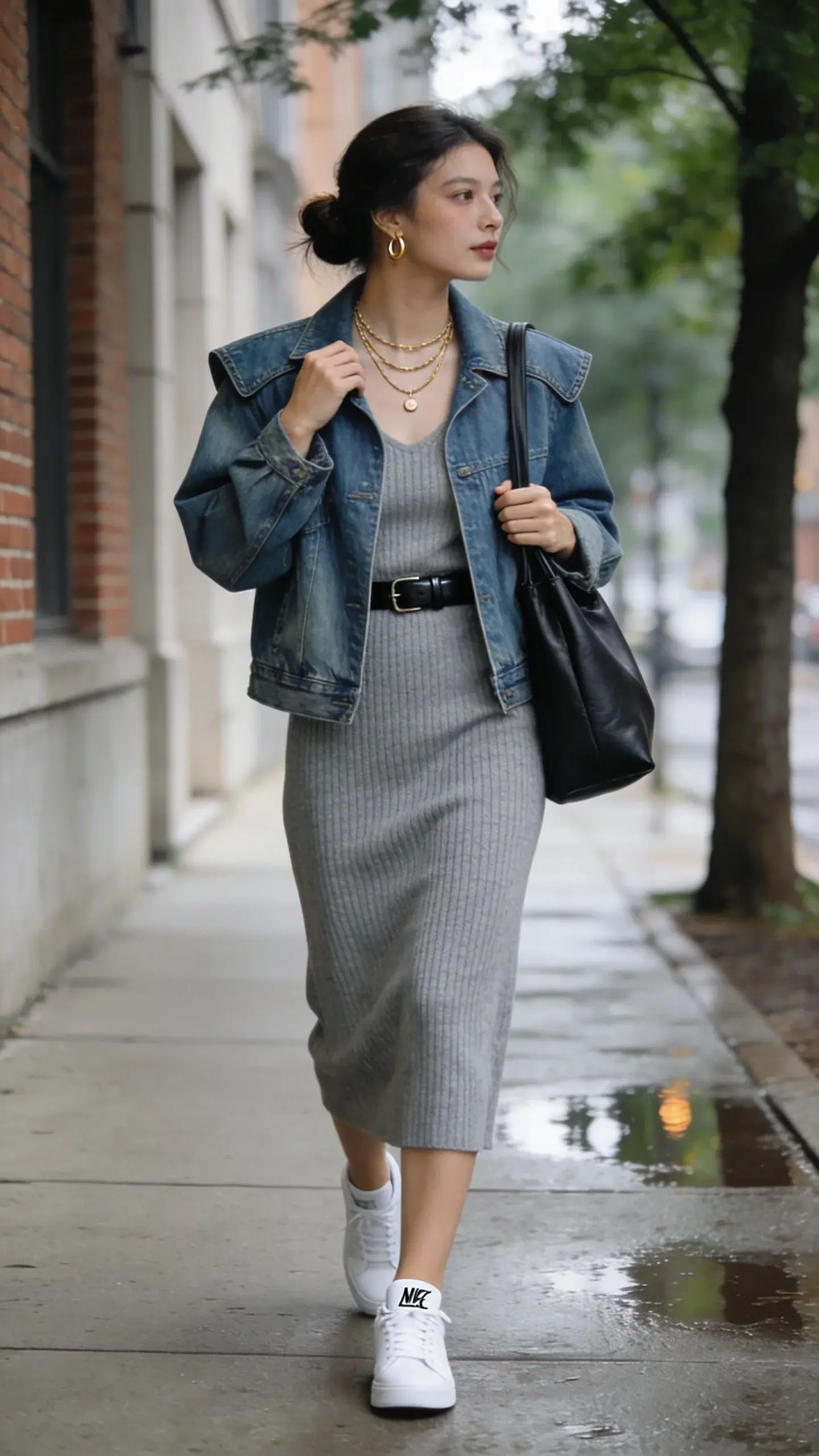 Realistic street-style photo of a woman on a cool, overcast summer day walking along a tree-lined city sidewalk. She wears a mid-wash, slightly oversized denim jacket with subtle structure at the shoulders over a ribbed midi knit dress in heather gray, gently skimming the body. A slim black leather belt cinches the waist for shape. On her feet: pristine white low-top sneakers with minimal branding. Accessories: layered delicate gold necklaces (two to three lengths), small gold hoops, and a soft black leather tote slung over one shoulder. Her hair is loosely pulled back in a low, effortless bun; natural makeup with a soft glow. She pauses mid-step, one hand tucking the jacket lapel, the other resting on the tote strap. Environment: muted urban tones—light concrete, brick facades, and leafy trees; soft diffused lighting after a light drizzle, faint puddles adding reflections; shallow depth of field for a crisp subject and creamy bokeh. Color palette: denim blue, heather gray, white, black, and warm gold accents. Capture fine fabric texture (ribbing on the dress, grain of leather tote, denim weave), realistic skin tones, and lifelike motion. High-resolution, editorial fashion photography, 50mm lens look, no text.