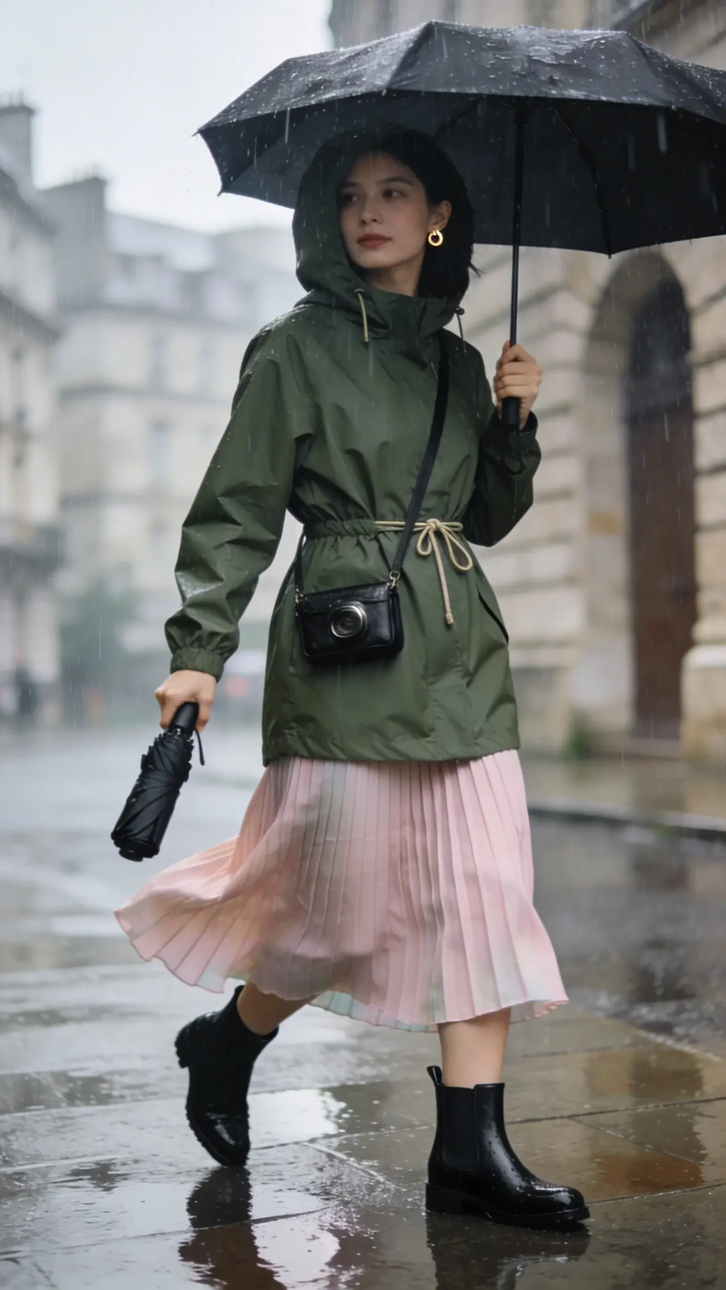 Realistic high-quality street-style photo of a fashionable woman on a cool, rainy summer day, looking chic and effortless. She wears a water-resistant olive green anorak cinched at the waist with a subtle drawcord, hood up, paired with a soft pastel pleated midi skirt that peeks out a few inches below the hem for movement. On her feet: sleek, waterproof black Chelsea boots with a slim silhouette. Accessories include simple gold stud earrings and a small black leather crossbody camera bag worn diagonally. She holds a compact black umbrella in one hand as light drizzle falls, creating soft raindrop bokeh. Location: a European city street with wet pavement reflections, muted stone buildings, and soft overcast lighting. Color palette: olive, blush pastel, black, and subtle metallic accents. Composition: three-quarter body shot, natural candid pose mid-step, skirt swishing slightly, glossy pavement reflections emphasizing the rain, shallow depth of field, 50mm lens look, editorial fashion photography style, no logos or text.