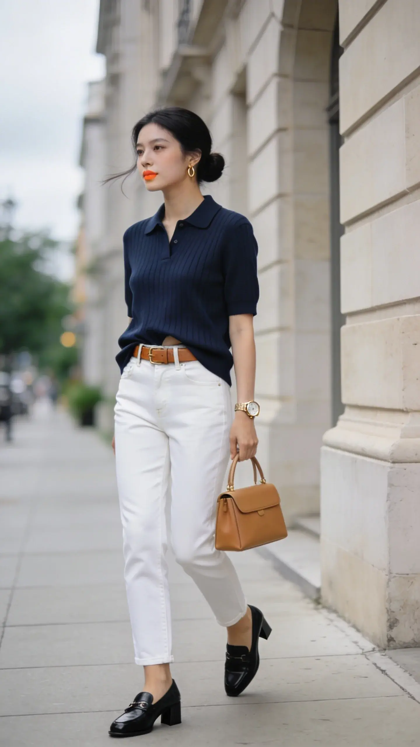 Realistic street-style photo of a chic woman on a cool, overcast summer day, embodying “cold summer day outfit for women” vibes. She wears a lightweight navy polo sweater with a subtle ribbed texture, half-tucked in front to reveal a tan leather belt, paired with high-waisted tailored straight-leg white denim (sturdy, opaque, crisply pressed). Footwear: black leather loafers with a slight heel. Accessories: minimal gold watch, small structured tan top-handle bag, delicate gold hoops. Hair in a low, neat bun; natural makeup with soft peach lip. She stands mid-stride on a clean city sidewalk lined with light stone buildings and soft greenery, a gentle breeze giving slight movement to the sweater hem. Lighting is soft and diffused, slightly cool-toned to suggest brisk air; shallow depth of field with background bokeh. Composition focuses waist-up to full length alternates in vertical frame, showcasing the half-tuck and belt for leg-lengthening effect. Color palette: navy, white, tan, cream, black—streamlined and modern. Ultra-detailed fabric textures, realistic skin tones, editorial fashion photography style, no text.