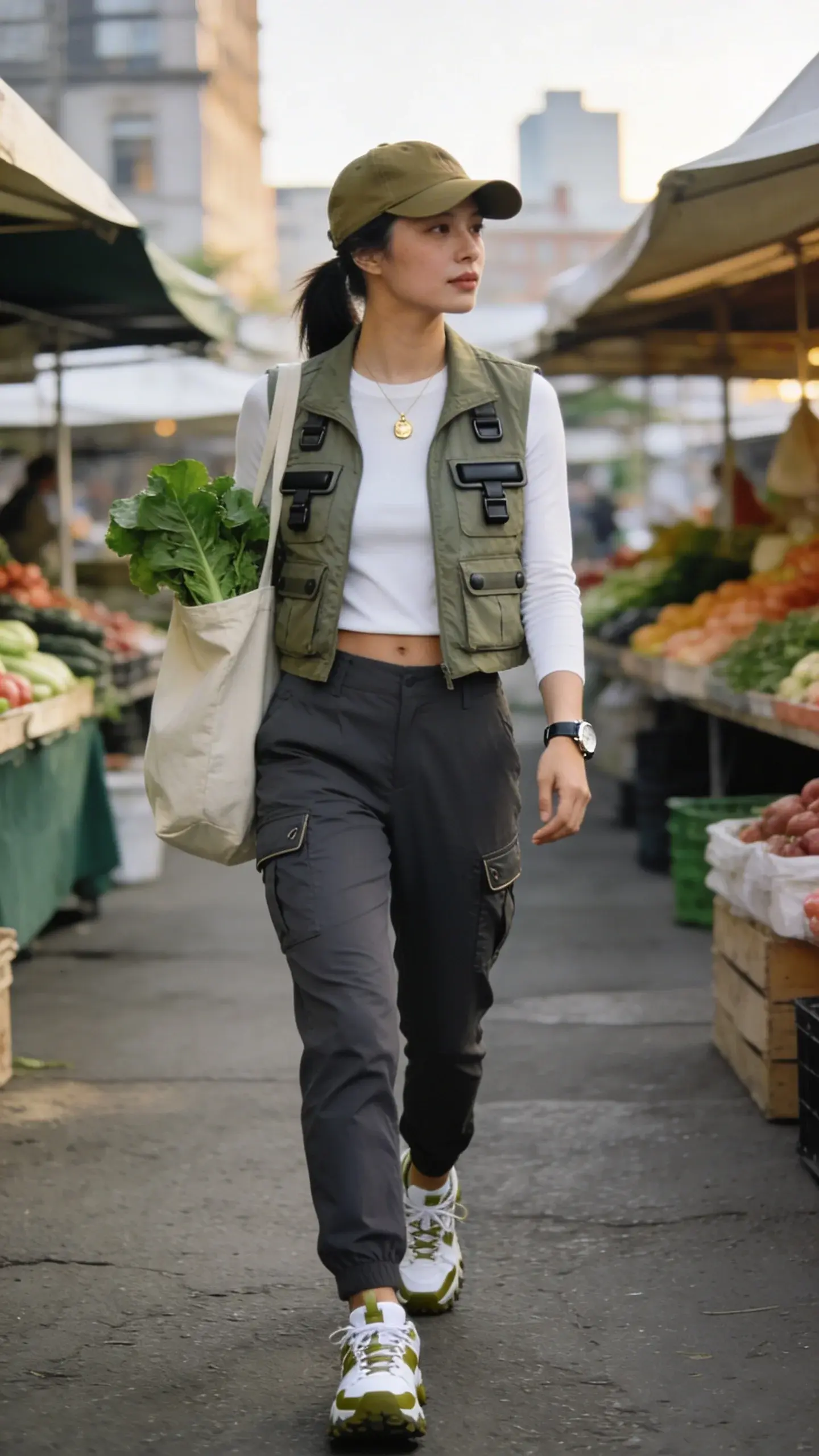 Realistic street-style photo of a chic woman on a cool summer day at an urban farmers market, wearing a lightweight olive utility vest layered over a fitted white long-sleeve tee, slim charcoal cargo pants, and trail-inspired sneakers in white with olive accents. She tops the look with a khaki baseball cap, a simple gold pendant necklace, and a minimal watch. The vest has multiple pockets and matte hardware, slightly cropped to hit at the high hip; the tee is smooth and fitted to balance the structure of the vest. The cargo pants are ankle-grazing with subtle pocketing, no bulk. She carries a reusable canvas tote with leafy greens peeking out, suggesting practicality. Background shows produce stalls, soft morning light, shallow depth of field, and a hint of city architecture. Color palette: olive, khaki, charcoal, white with muted earthy tones. Natural makeup, low ponytail, confident posture mid-stride. Composition: eye-level, 35mm lens look, high-resolution, crisp textures, realistic lighting, editorial fashion photography style. No text.