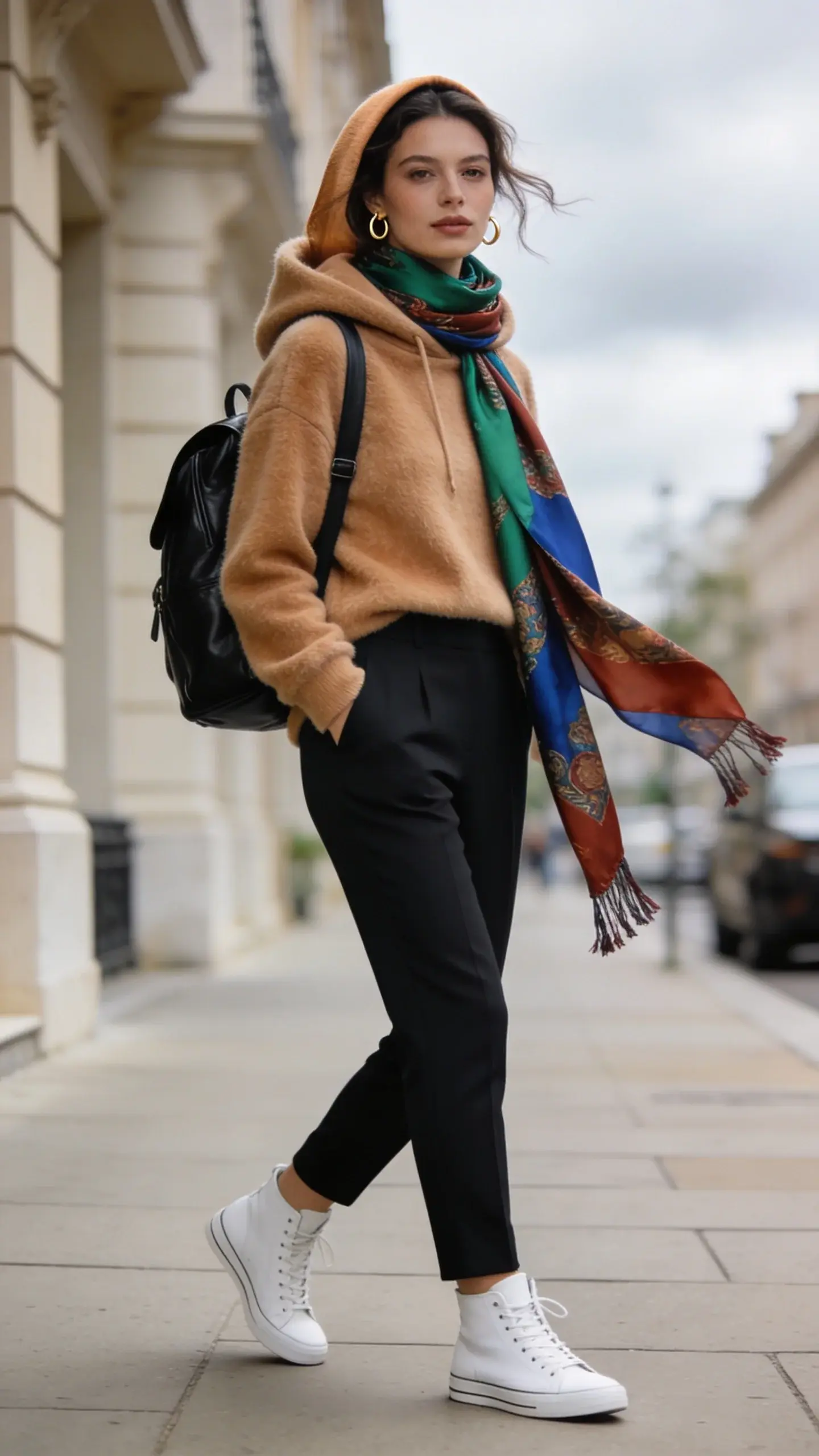 Realistic street-style photo of a chic woman on a cool summer day, embodying “cold summer day outfit for women” vibes with quiet-luxury layers: she wears a plush cashmere hoodie in soft camel, high-rise black ponte pants with a sleek, tailored look, and clean white leather high-top sneakers. A printed silk scarf in rich jewel tones (emerald, sapphire, and rust) is wrapped once around her neck with the ends hanging for movement. She carries a structured black leather backpack and wears small gold hoop earrings. Natural, polished makeup and slightly tousled hair peeking from the hood. Location: an upscale urban sidewalk with soft overcast light, subtle motion in the scarf, and shallow depth of field. Color palette: camel, black, cream, and jewel-toned scarf accents. Photographic style: high-resolution, editorial fashion photography, 85mm lens look, crisp details, soft bokeh, no text.
