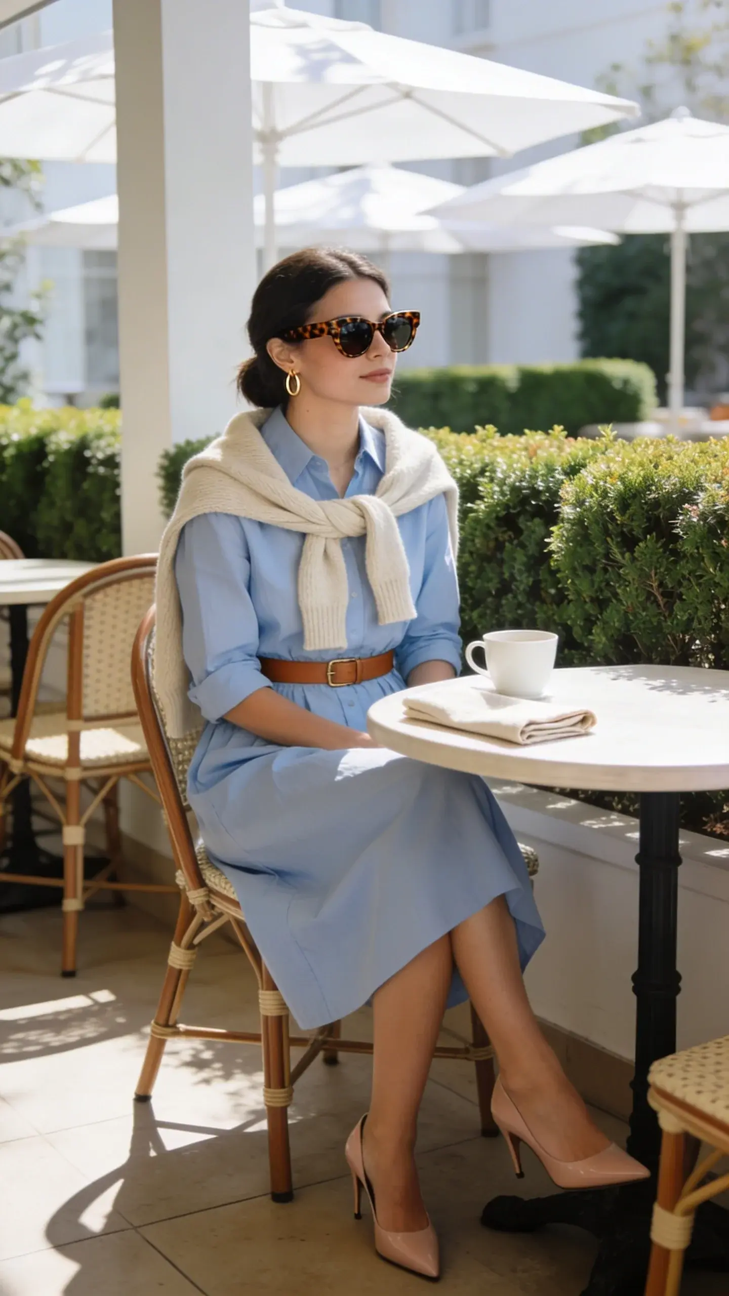 Sunlit veranda brunch setting: a woman in a pale blue cotton poplin shirt dress cinched with a slim cognac belt, fine-gauge oatmeal cashmere cardigan casually tied over shoulders, nude kitten-heel slingbacks, simple gold hoops, tortoiseshell sunglasses. On the bistro table: a white porcelain cup and a folded linen napkin; behind her, manicured boxwoods and white umbrellas. Soft pastels, clean lines, effortless polish.