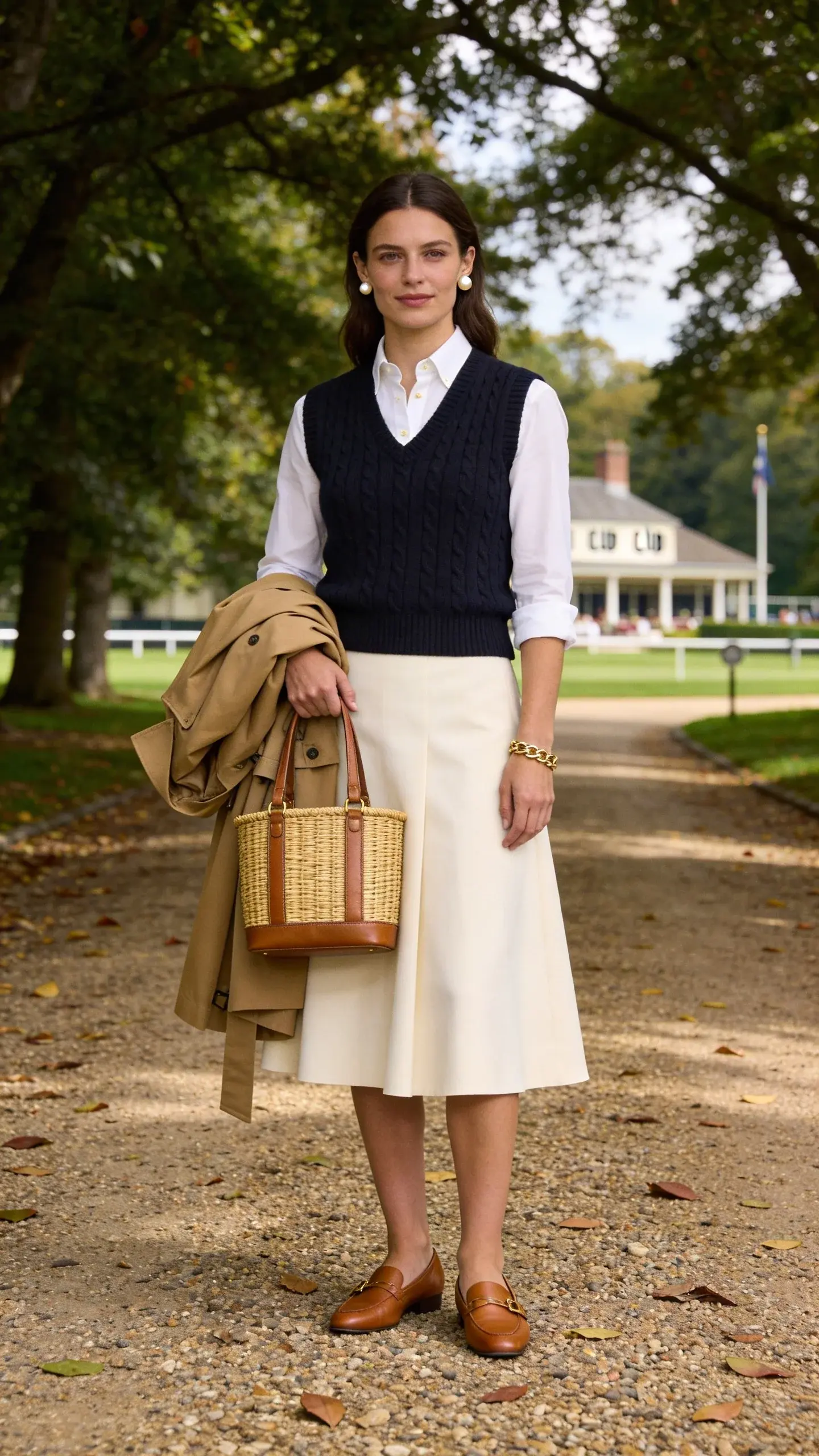 Tree-lined gravel drive by the club: a woman in a navy sleeveless sweater vest over a white crisp button-down, knee-length cream A-line skirt, tan leather riding-inspired flats, minimal gold chain bracelet, pearl stud earrings. She carries a folded camel trench coat over one arm and a structured wicker-and-leather basket bag. Dappled afternoon light, restrained palette, timeless preppy elegance.