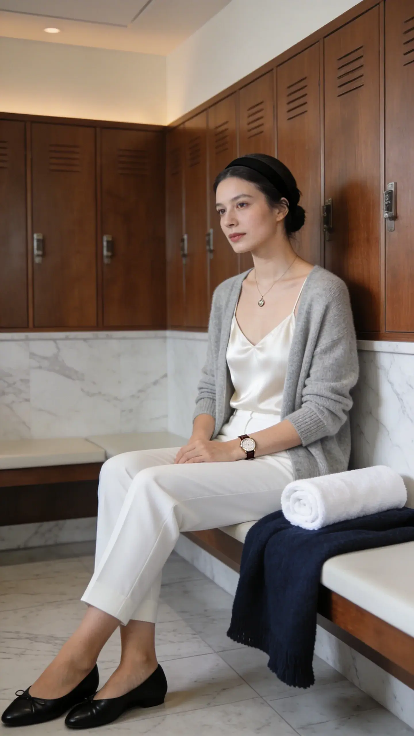 Locker room lounge with paneled wood and pale marble: a woman in an ivory silk camisole under a light grey fine-wool cardigan, tailored white ankle-length trousers, black leather ballet flats, thin black headband, delicate pendant necklace, slim leather-strap watch. A neatly rolled white towel and a navy cashmere wrap rest beside her on a bench; soft, neutral tones and quiet luxury details.