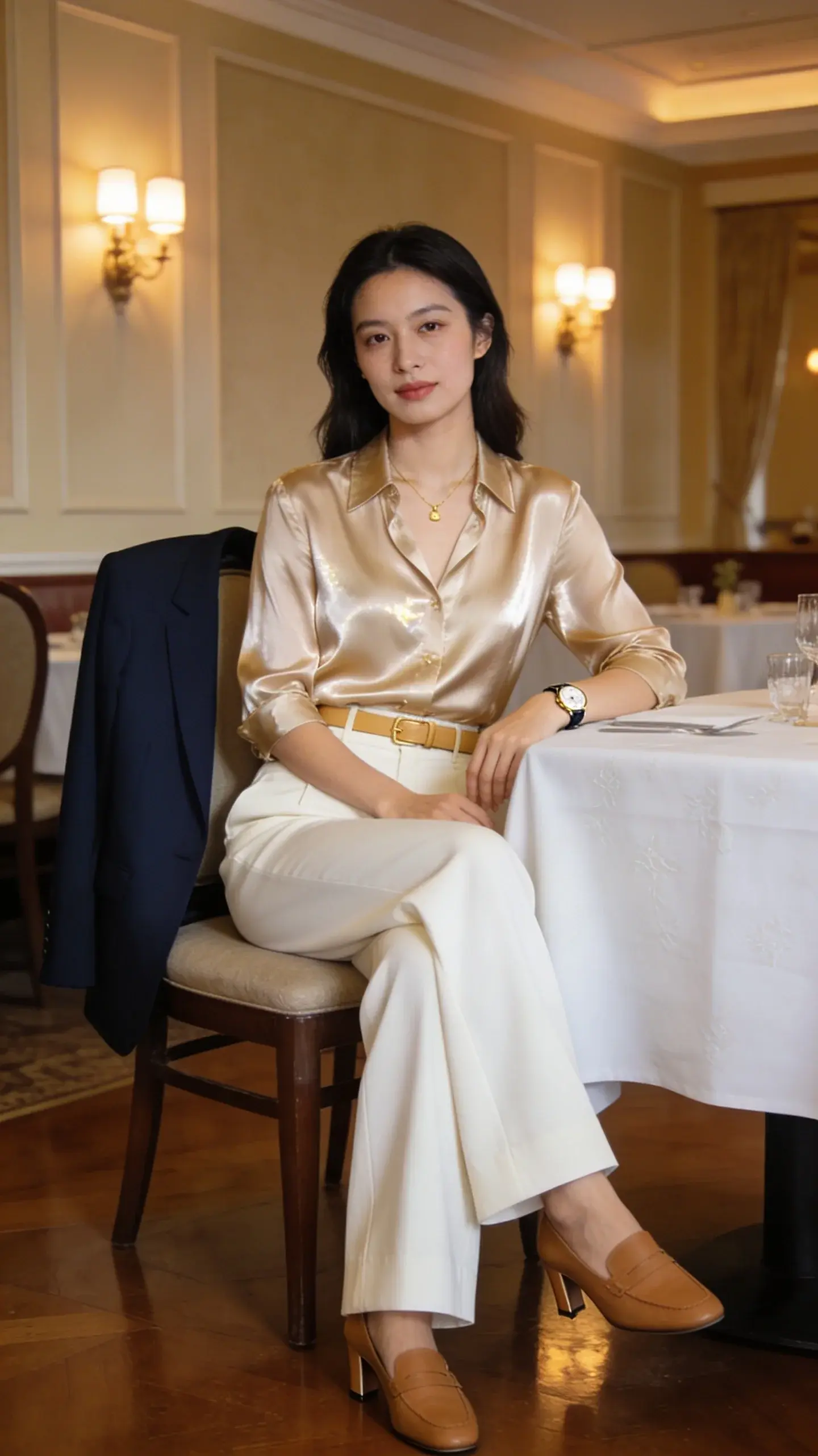 Elegant indoor country club dining room with white tablecloths and soft sconces; a woman in her late 20s seated at a table, wearing high-waisted ivory wide-leg trousers and a silky champagne blouse with a slight sheen, tucked in; tan heeled loafers, delicate gold necklace and watch, slim tan belt, minimal makeup; a navy blazer resting on the back of her chair; refined, polished, relaxed vibe, no text.