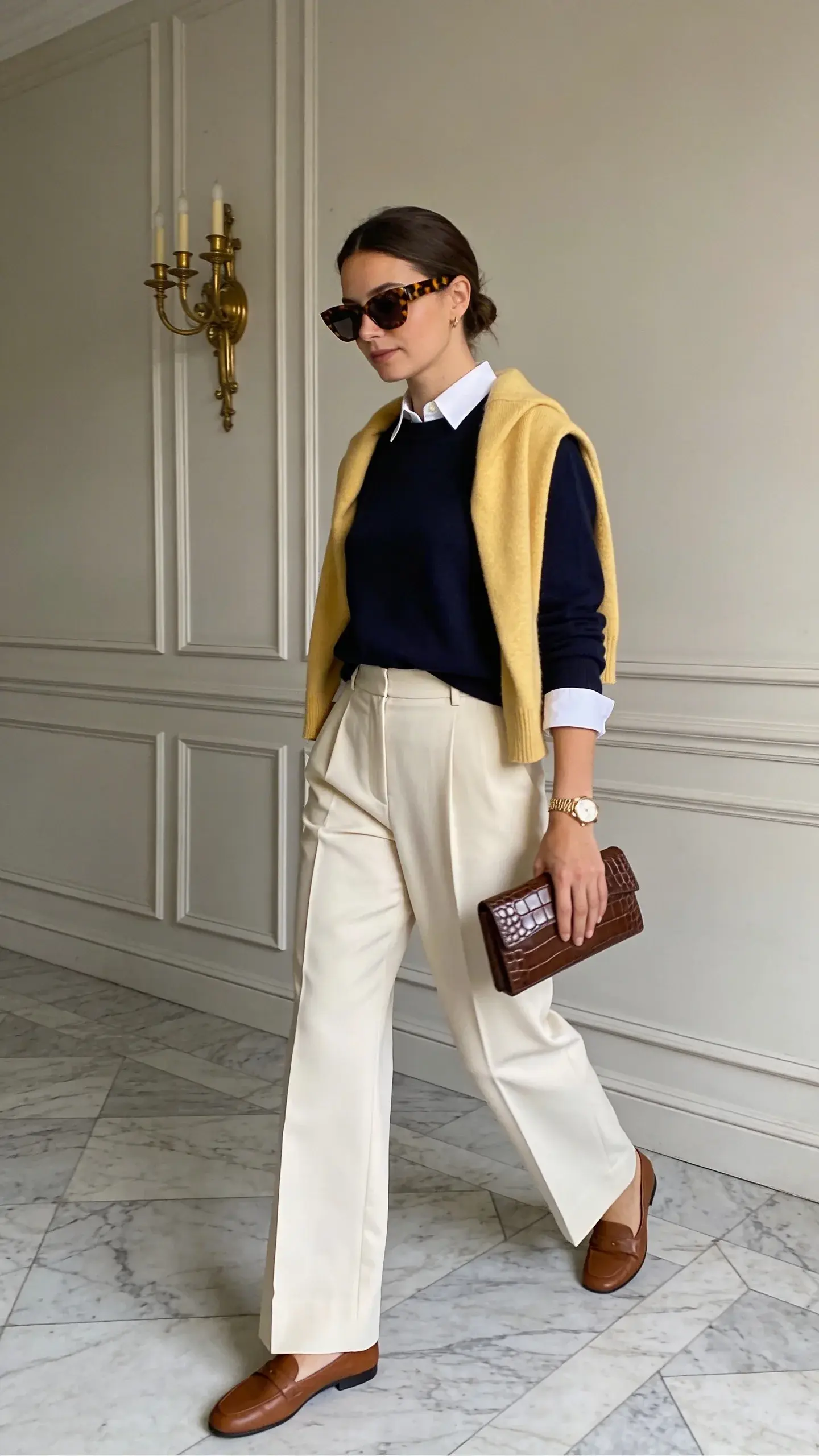 Clubhouse entryway vignette: a woman in a navy lightweight cashmere crewneck over a crisp white button-down (collar and cuffs peeking), paired with high-waisted cream wide-leg trousers with sharp creases, slim brown loafers, tortoiseshell sunglasses, delicate gold watch, and a butter-yellow cashmere sweater draped over shoulders. She holds a discreet croc-embossed brown leather clutch. Marble floors, paneled walls, brass sconces, soft morning light, neutral palette, quiet luxury feel.